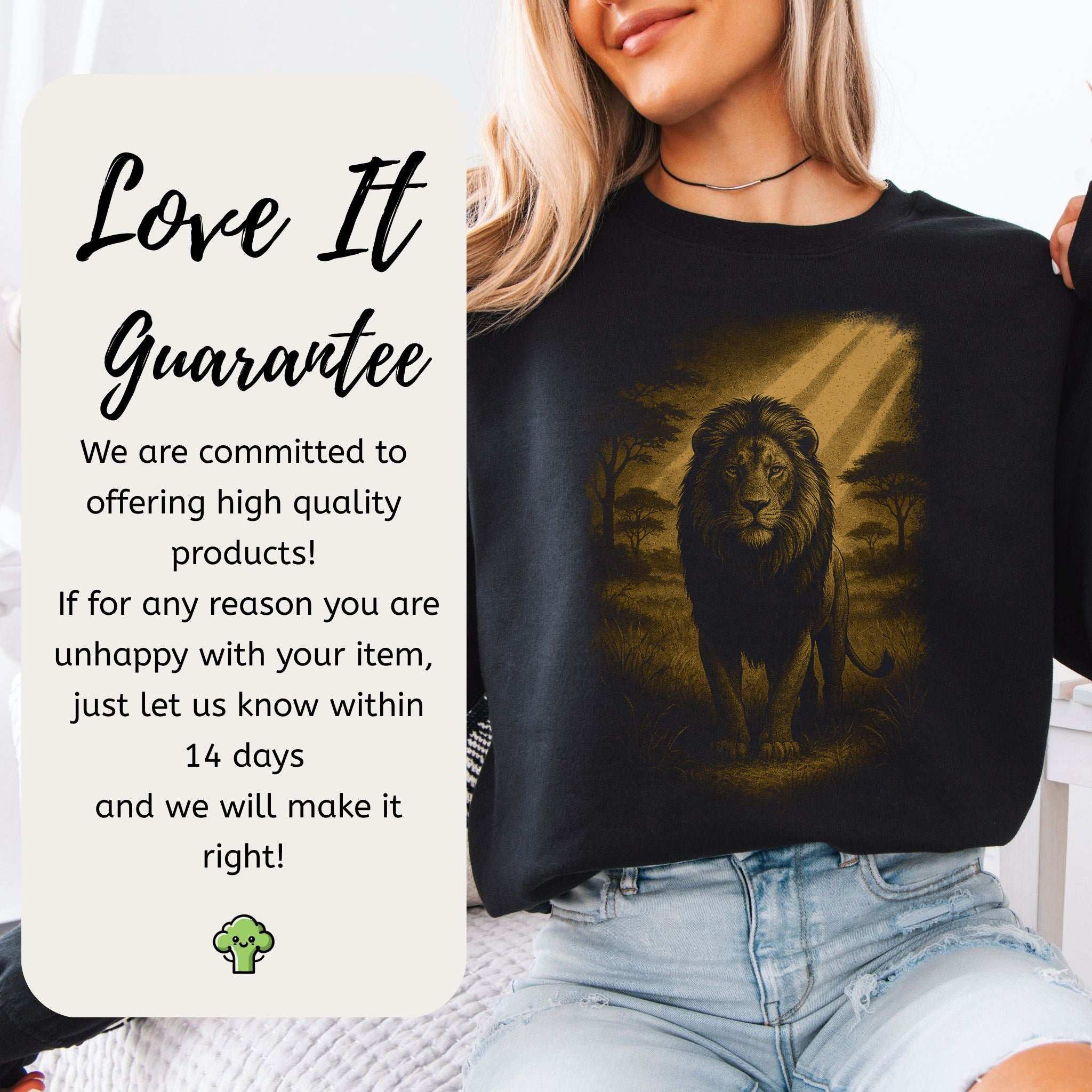 Lion Spirit Animal Sweatshirt – Golden Savannah King Vibes with a lion graphic and customer guarantee message.