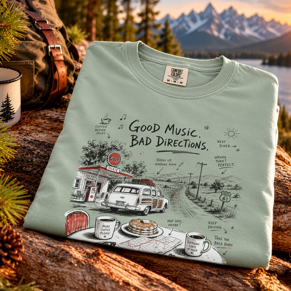 Good Music Bad Directions Comfort Colors Shirt – Retro Road Trip Diner Tee
