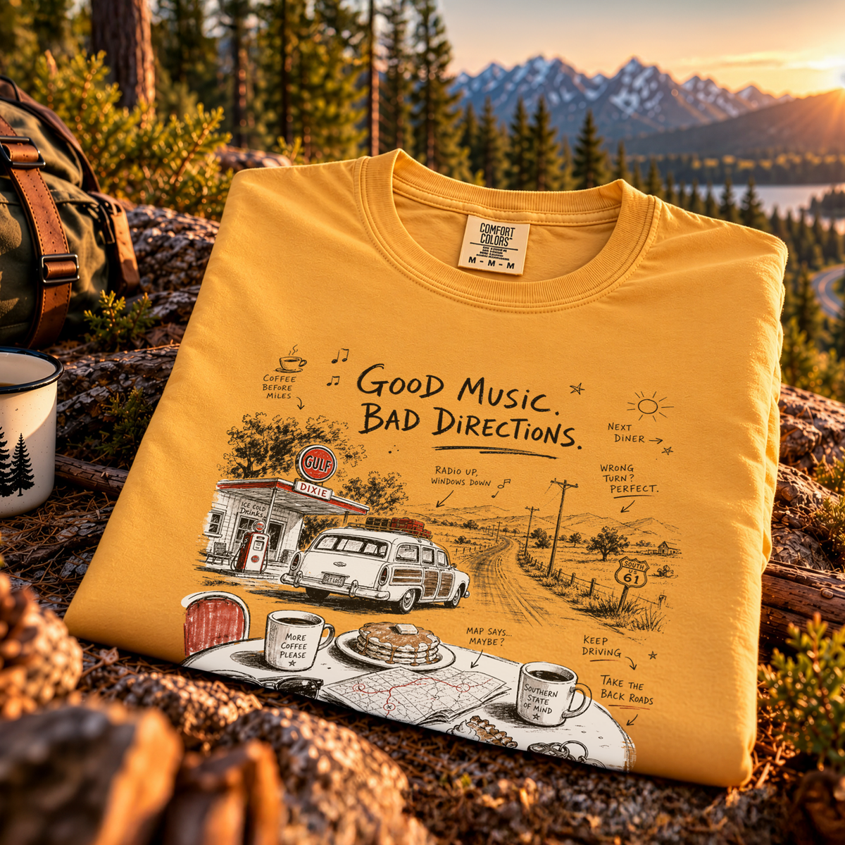 Good Music Bad Directions Comfort Colors Shirt – Retro Road Trip Diner Tee
