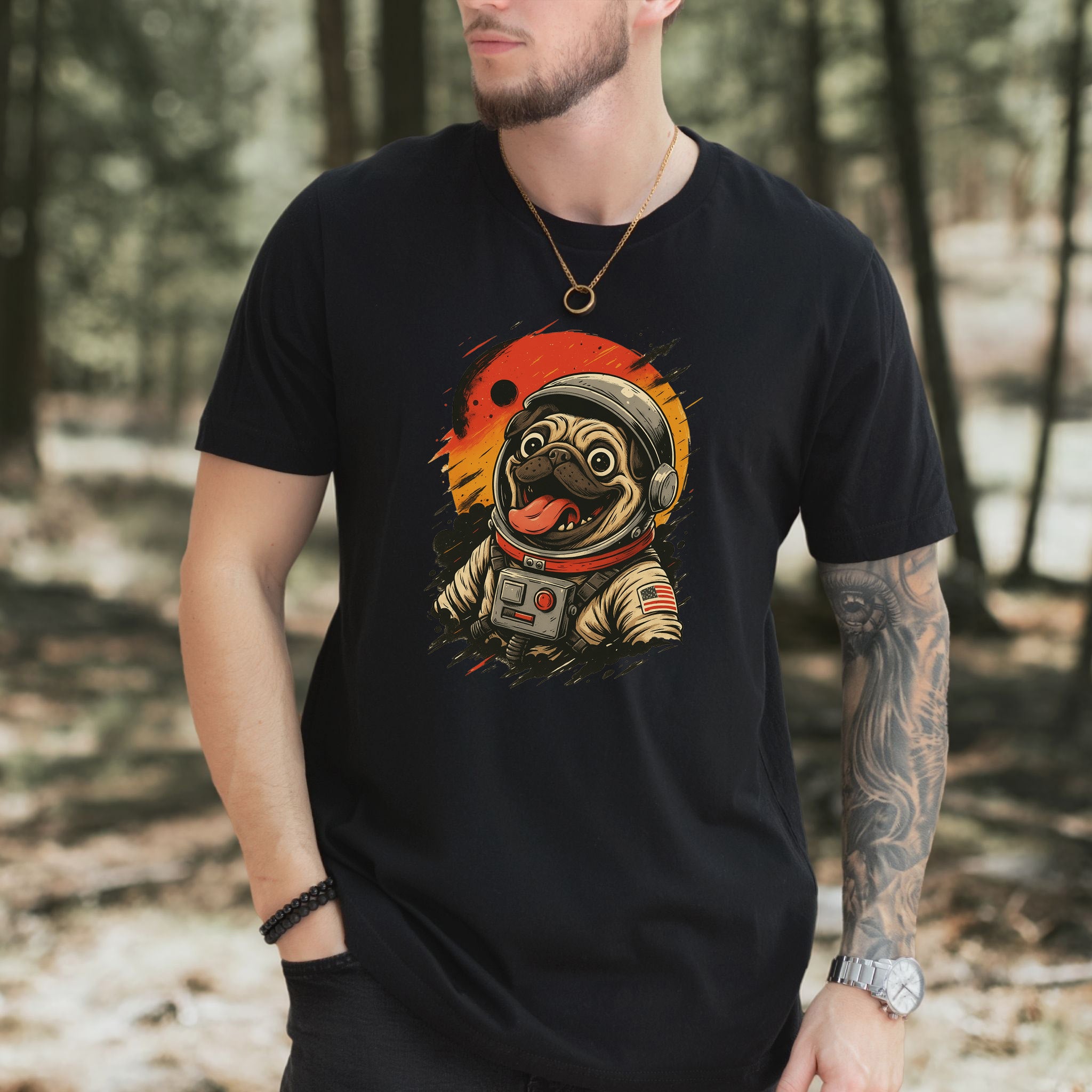 Pugstronaut Space T-Shirt – Funny Goofy Pug in Galaxy Suit Tee
