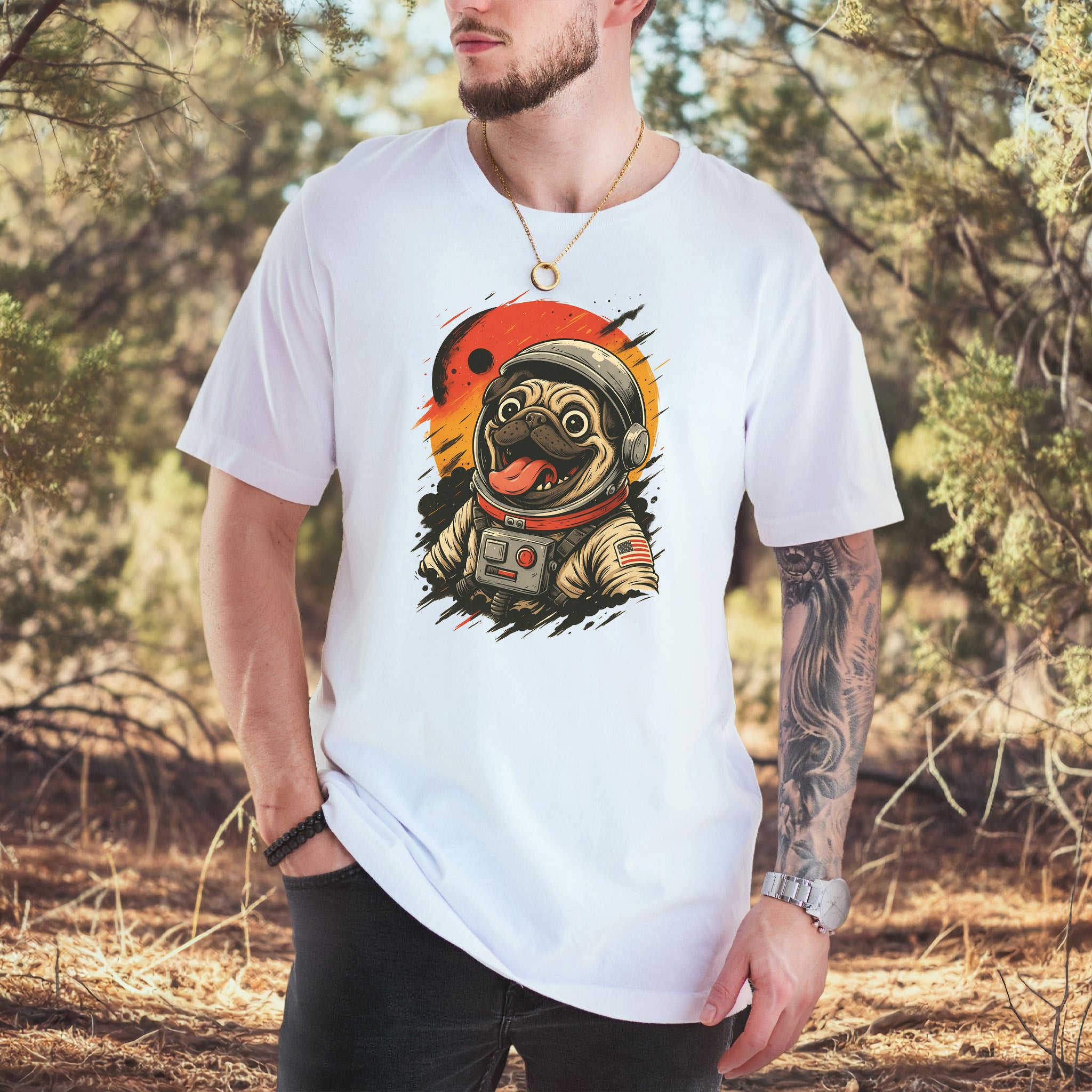 Pugstronaut Space T-Shirt – Funny Goofy Pug in Galaxy Suit Tee
