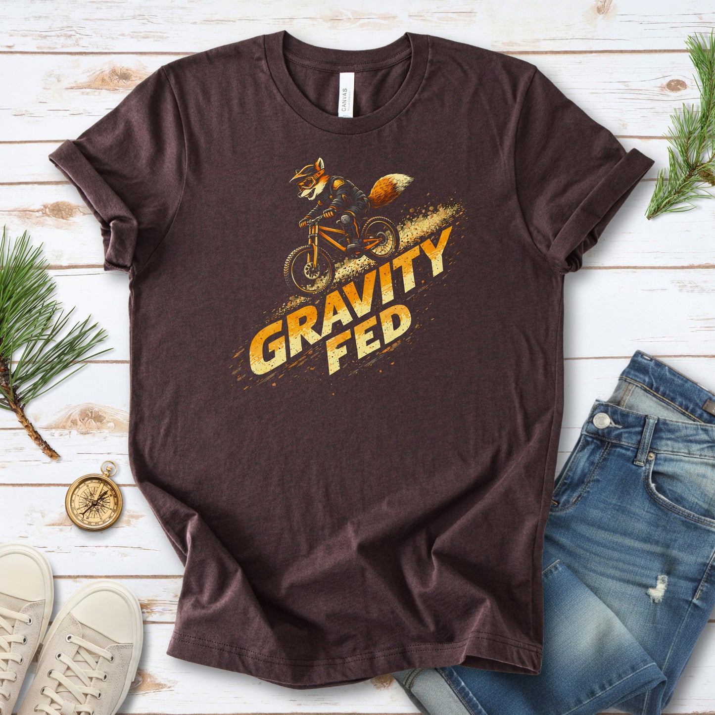 Gravity Fed Retro Fox Mountain Biking Adventure T-Shirt