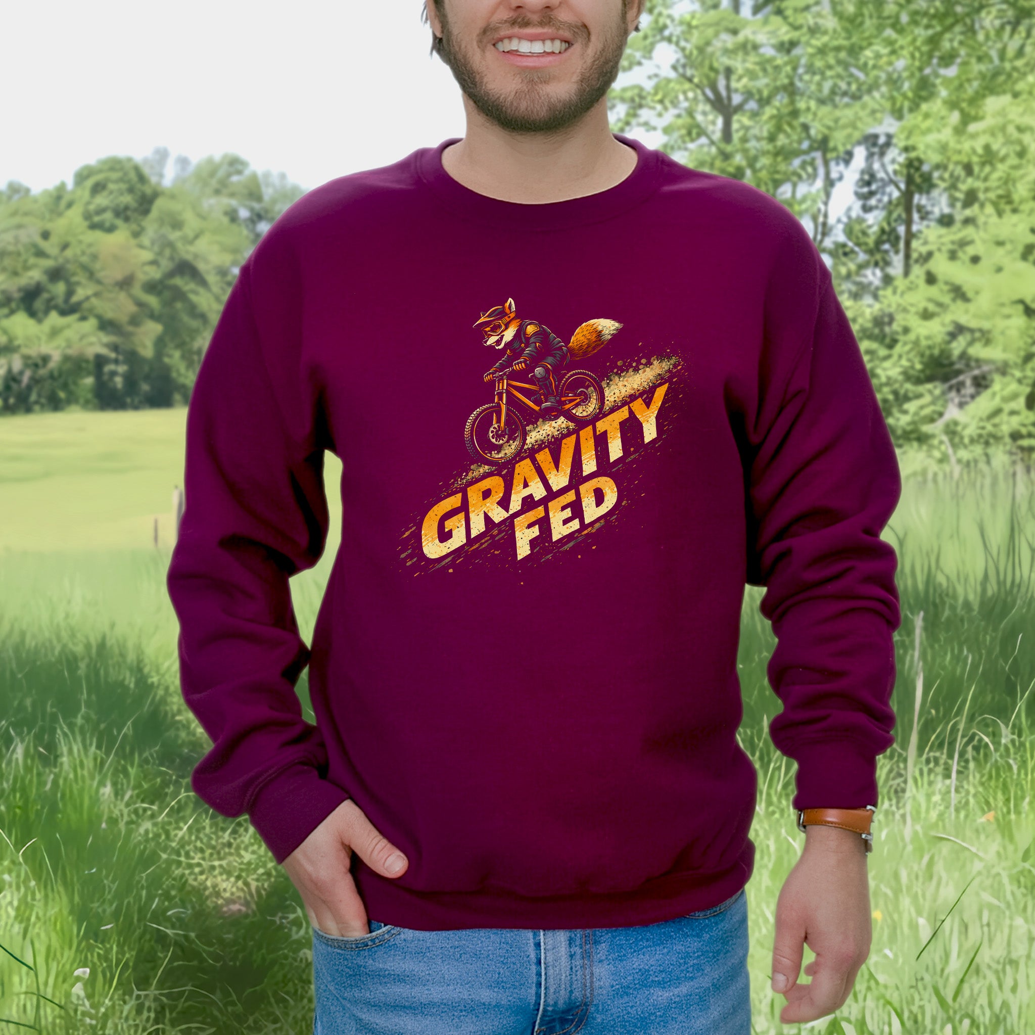 Gravity Fed Retro Fox Mountain Biking Adventure Sweatshirt