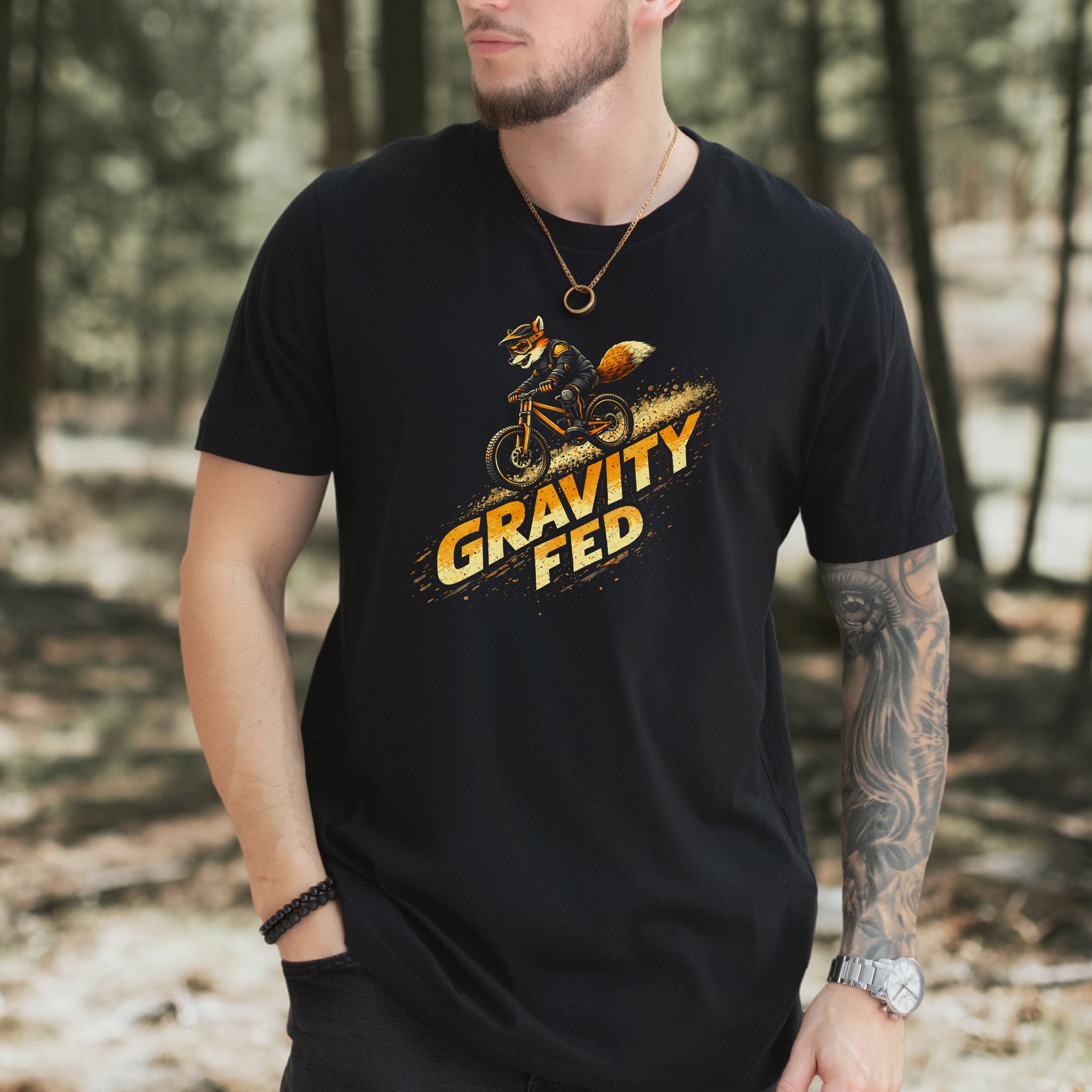 Gravity Fed Retro Fox Mountain Biking Adventure T-Shirt