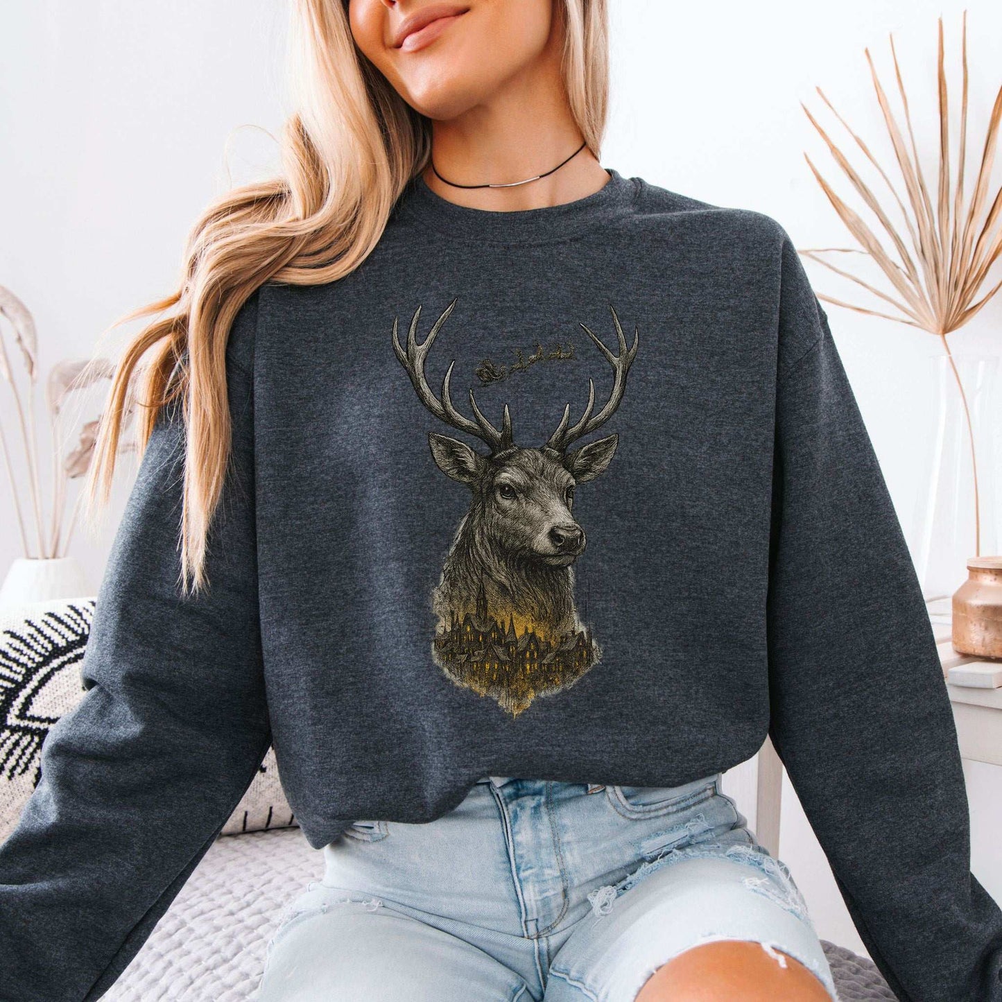 Guardian Reindeer Christmas Sweatshirt – Mystical Winter Village Magic
