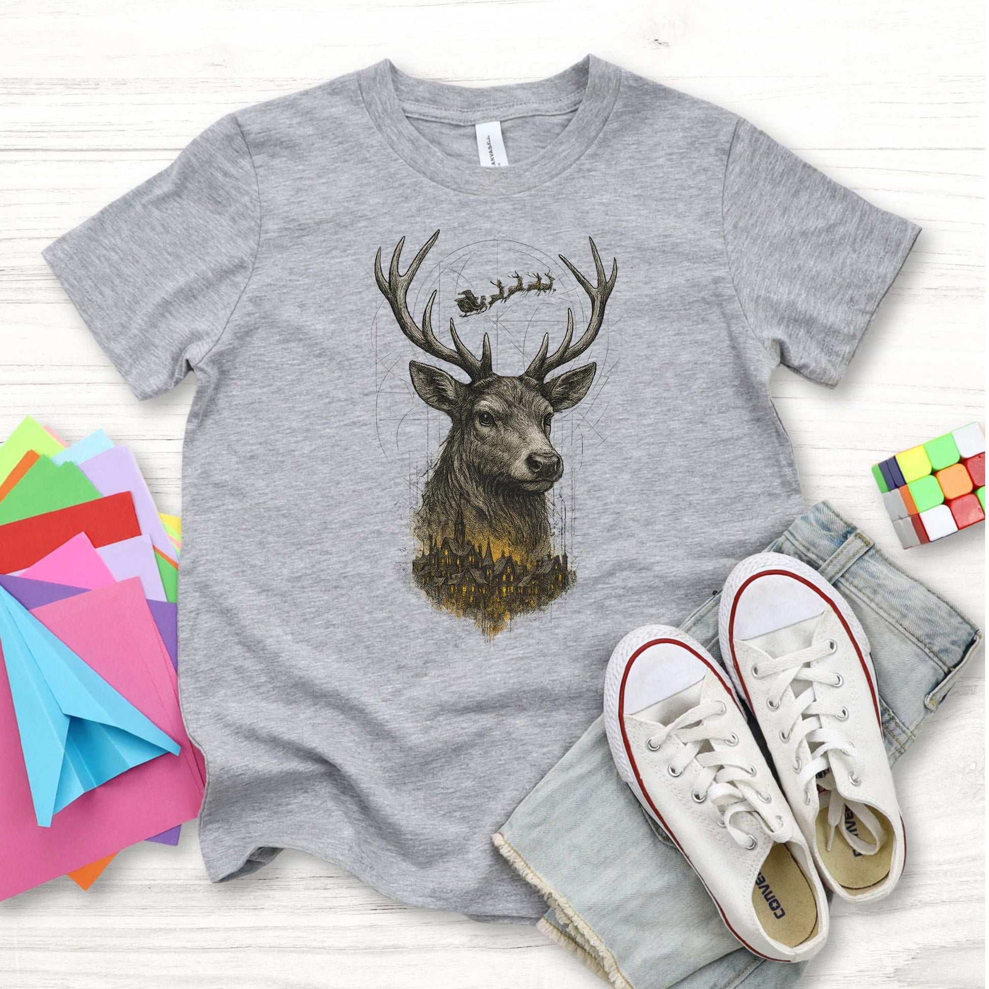 Guardian Reindeer Christmas Youth Tee – Enchanted Winter Forest Magic