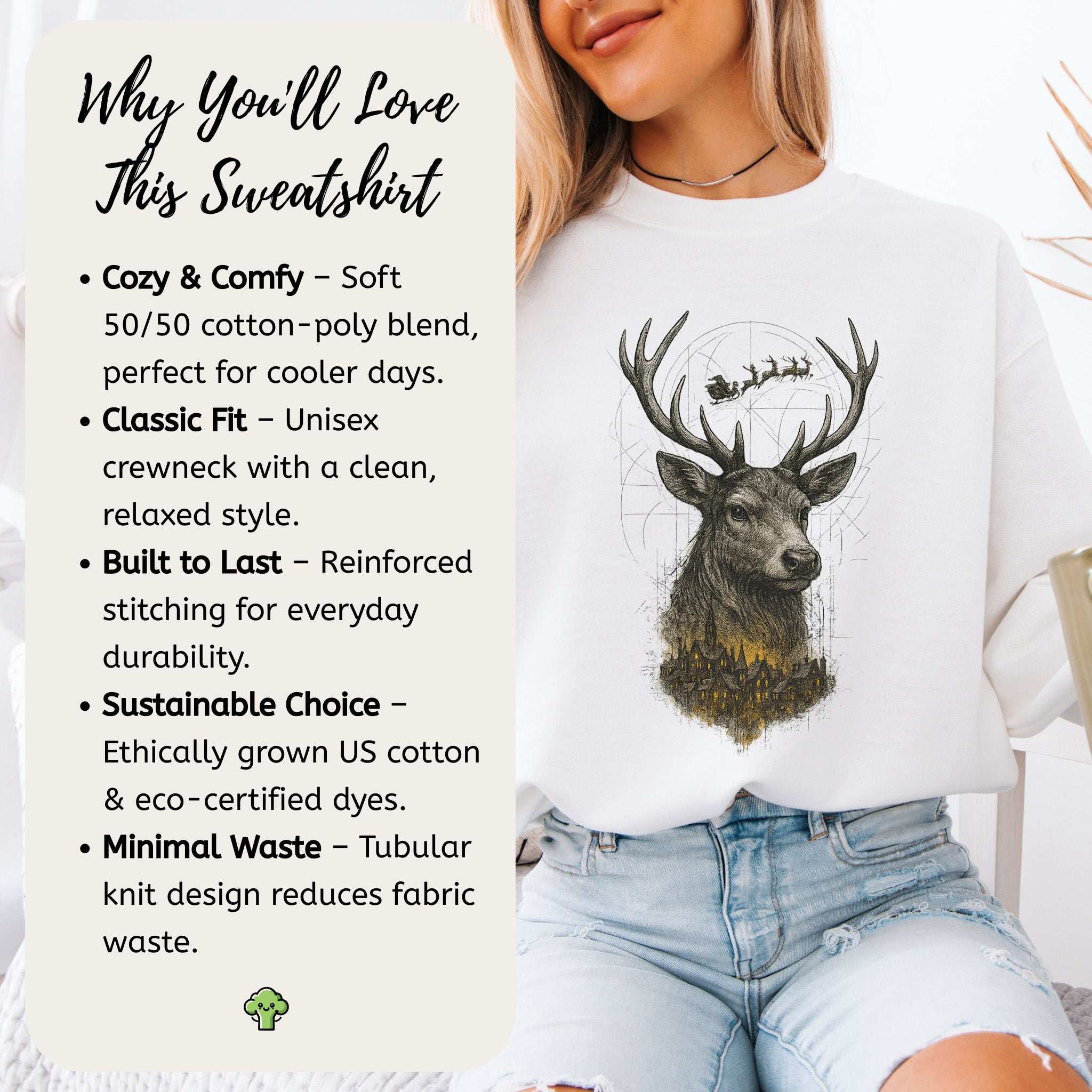 Guardian Reindeer Christmas Sweatshirt – Mystical Winter Village Magic