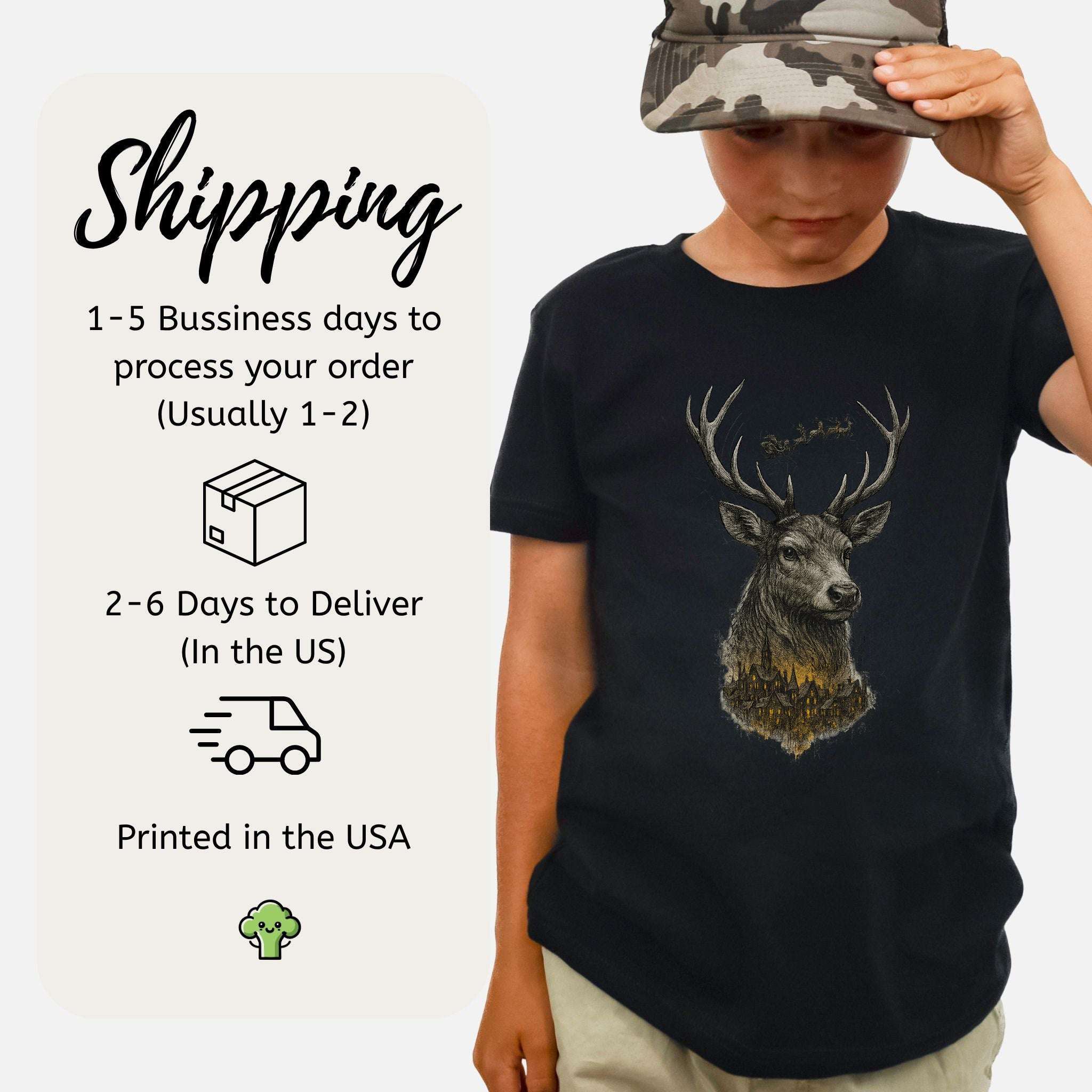 Guardian Reindeer Christmas Youth Tee – Enchanted Winter Forest Magic
