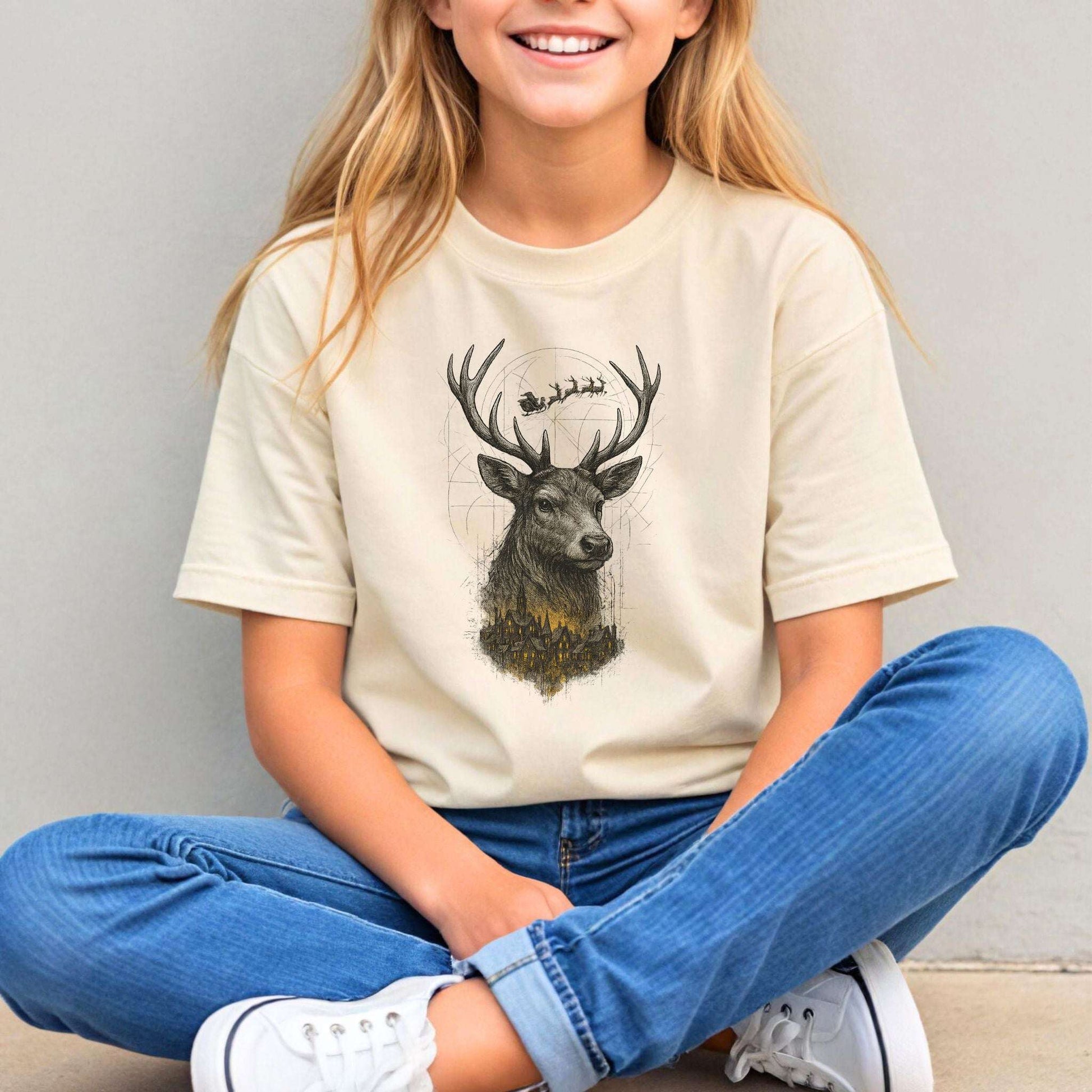 Guardian Reindeer Christmas Youth Tee – Enchanted Winter Forest Magic