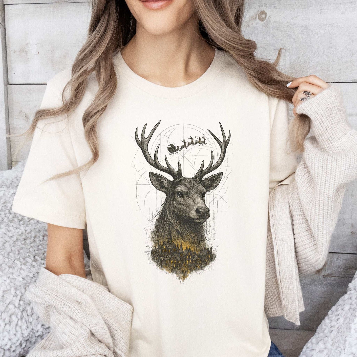 Guardian Reindeer Christmas T-Shirt – Mystical Winter Village Magic
