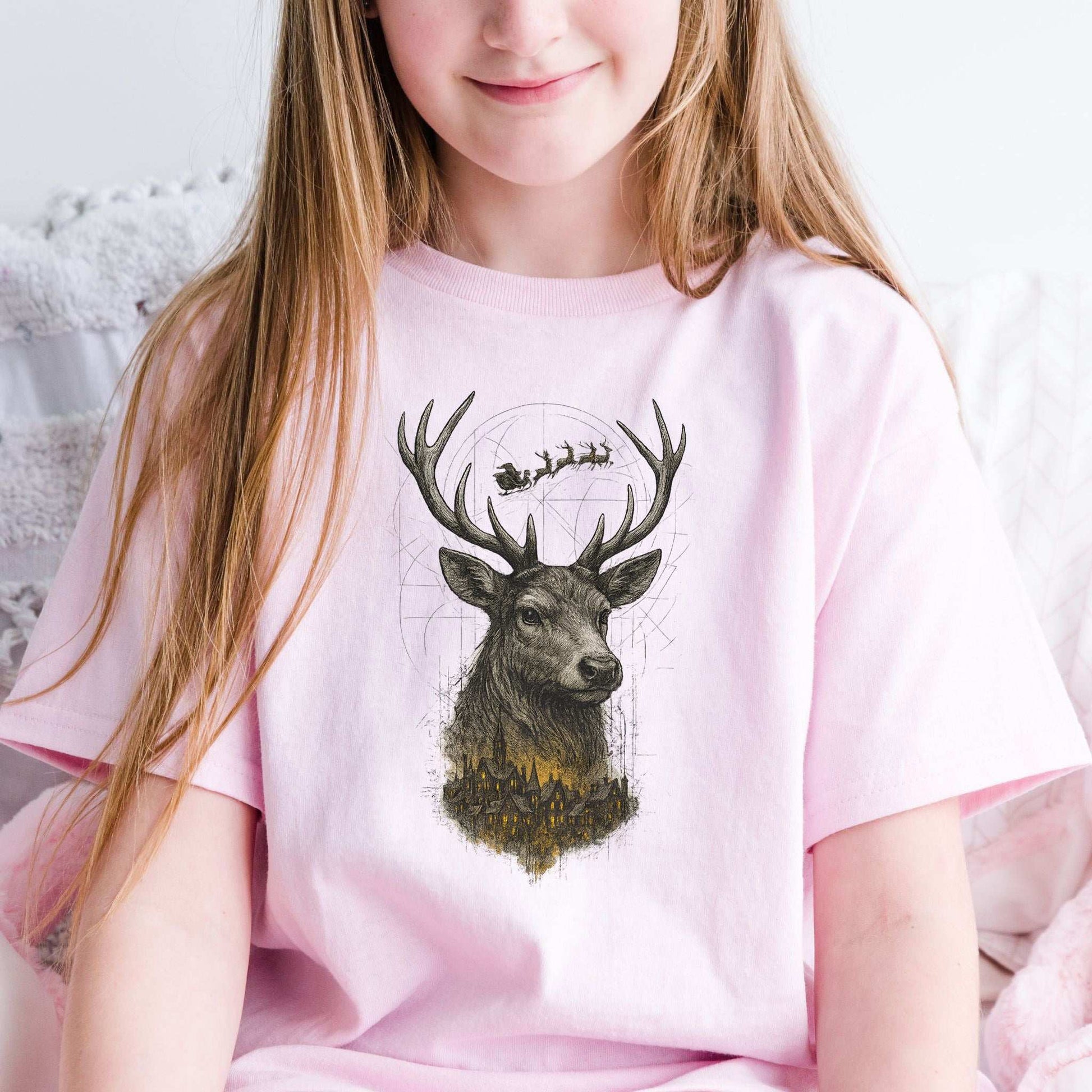 Guardian Reindeer Christmas Youth Tee – Enchanted Winter Forest Magic
