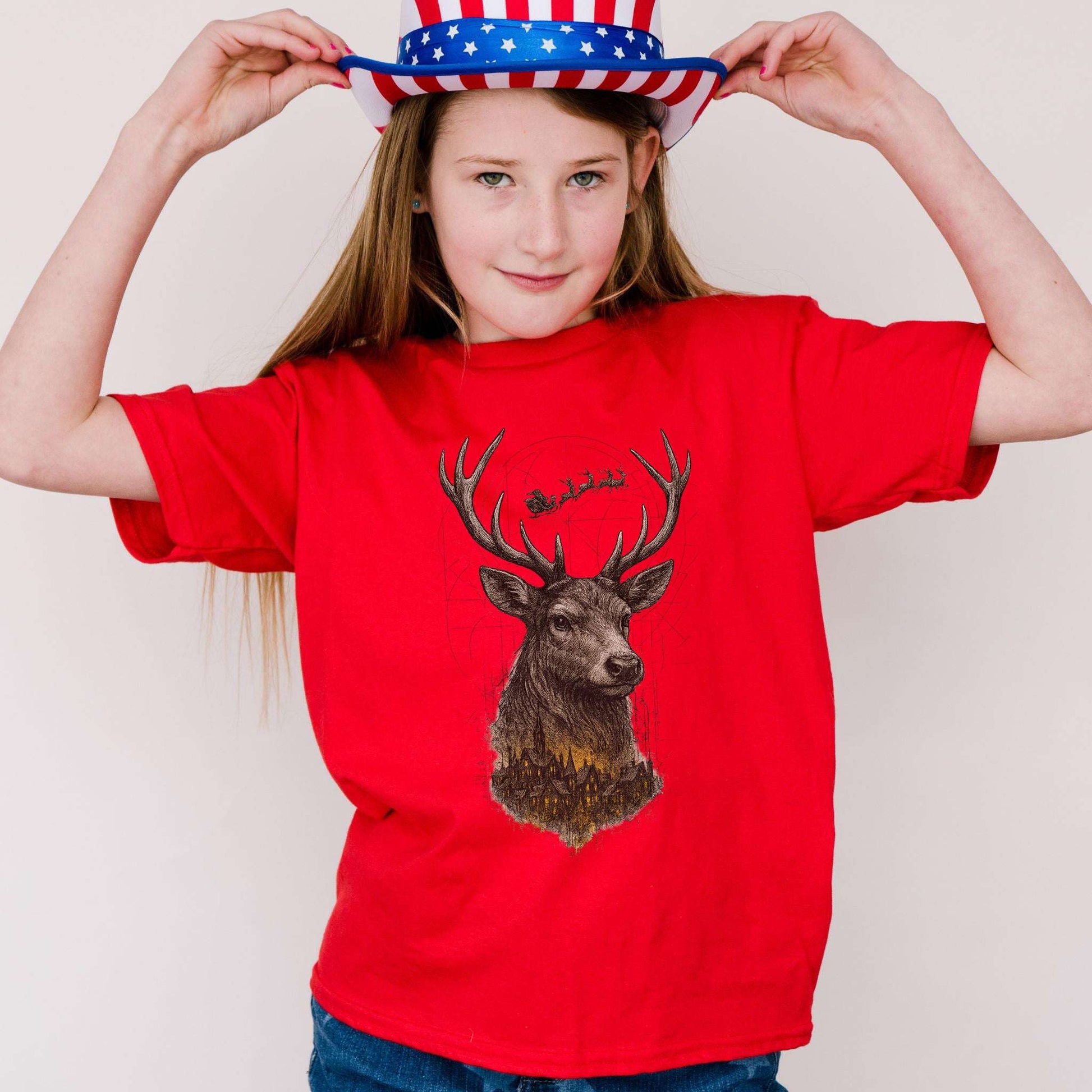 Guardian Reindeer Christmas Youth Tee – Enchanted Winter Forest Magic