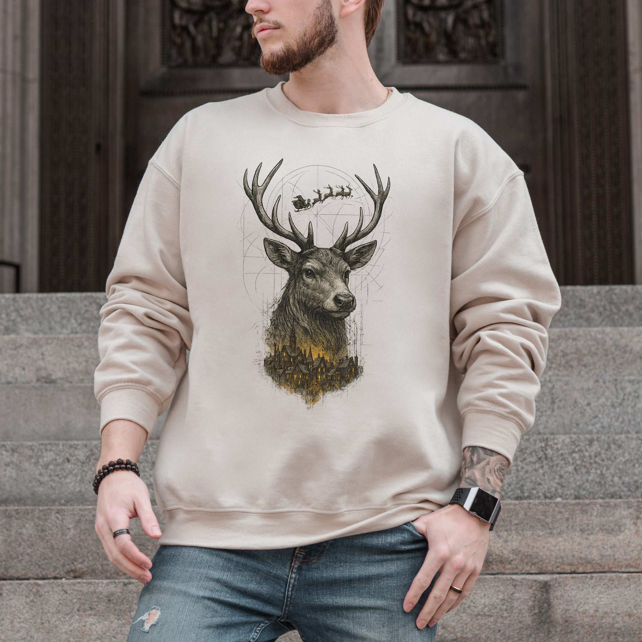 Guardian Reindeer Christmas Sweatshirt – Mystical Winter Village Magic