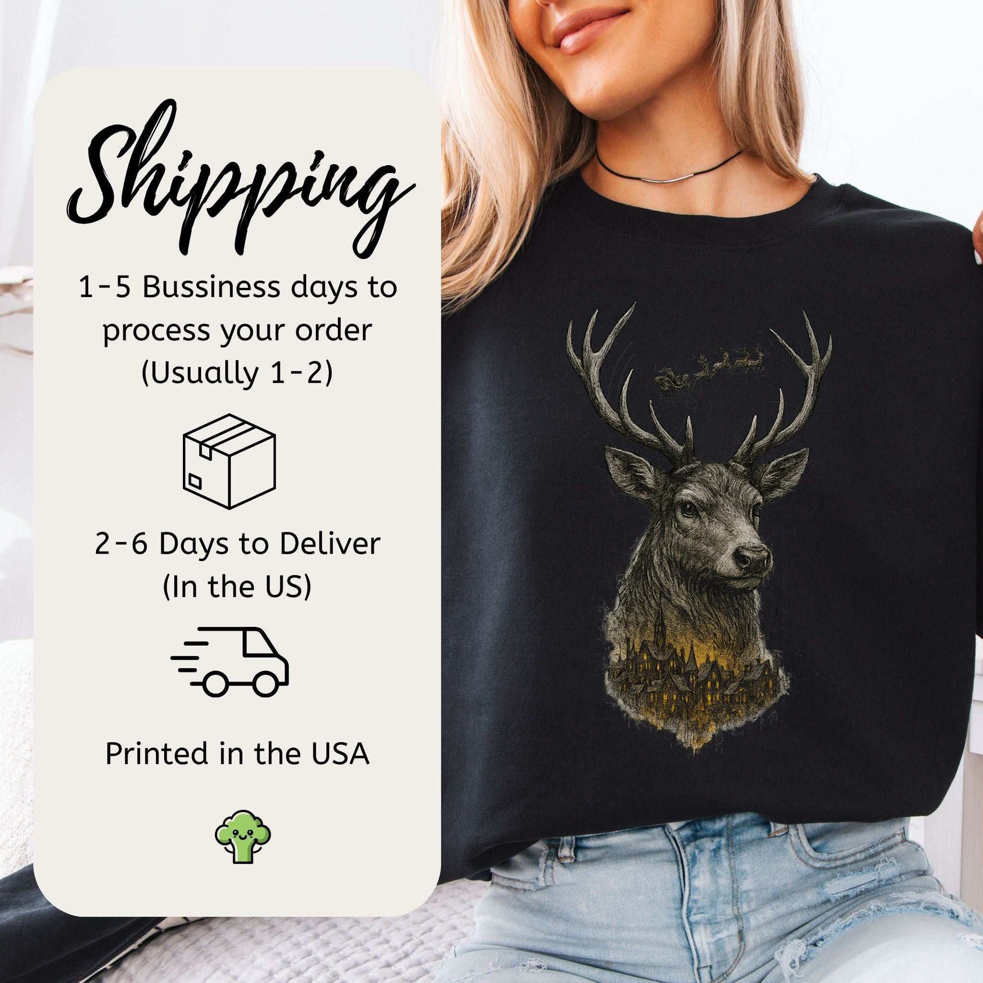 Guardian Reindeer Christmas Sweatshirt – Mystical Winter Village Magic