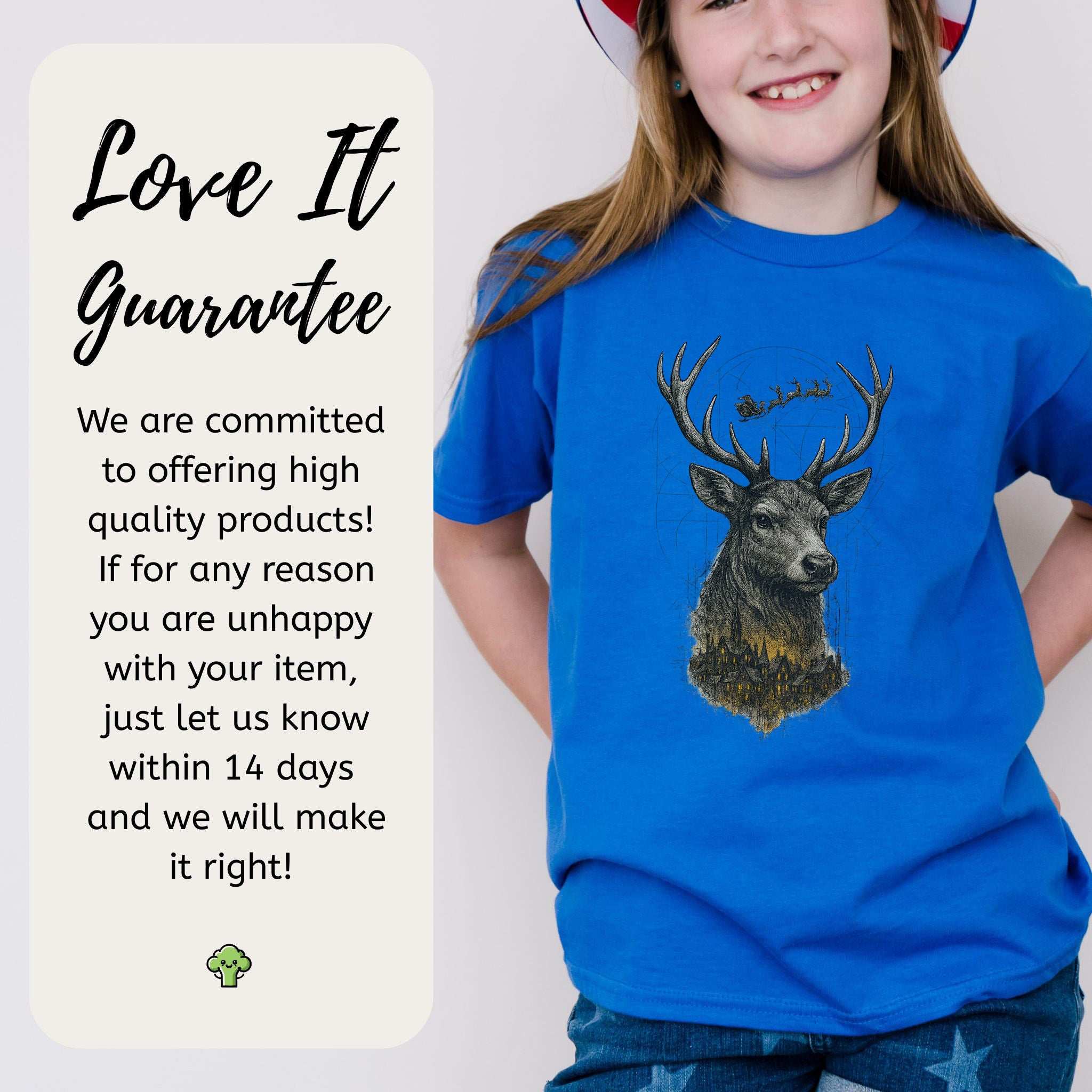 Guardian Reindeer Christmas Youth Tee – Enchanted Winter Forest Magic