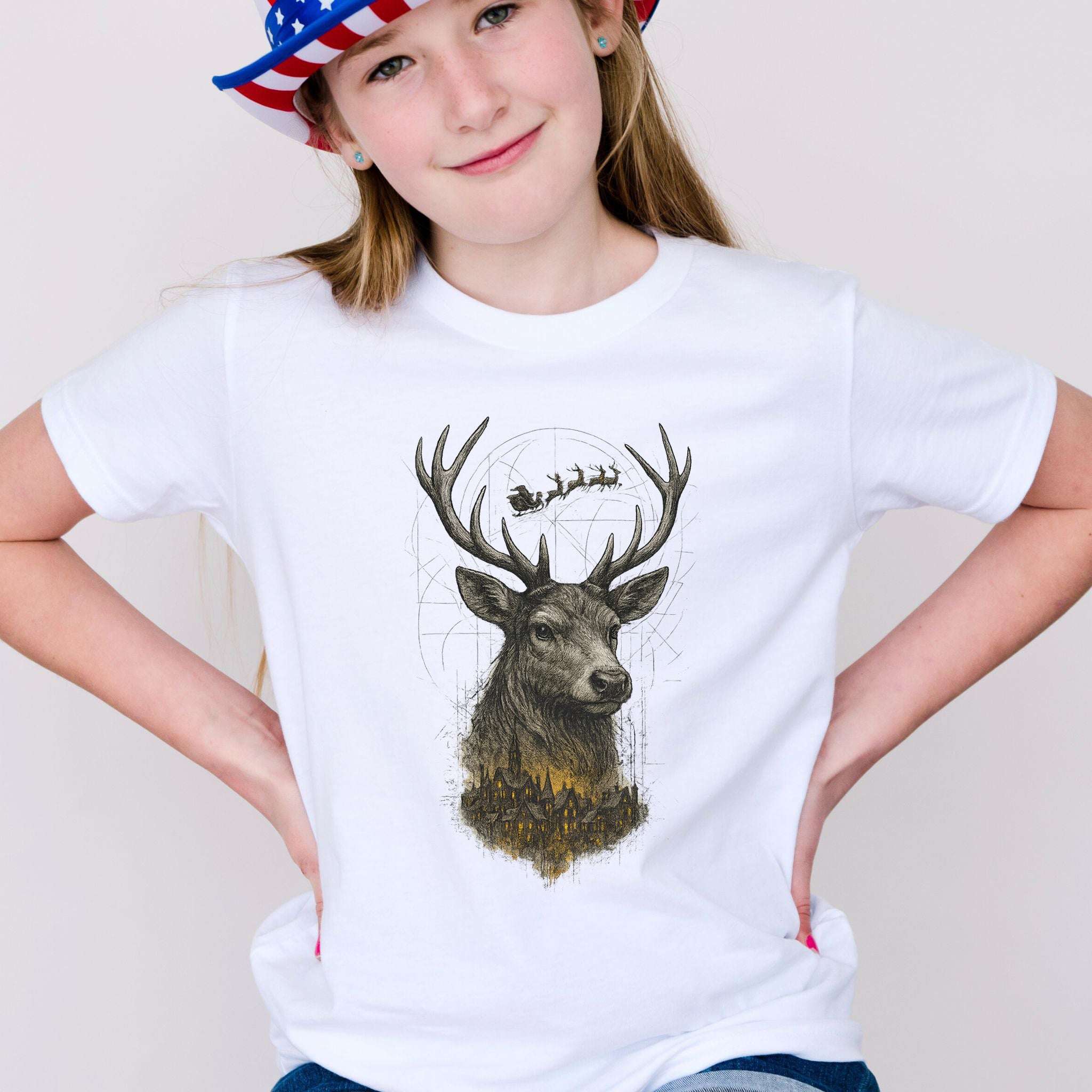 Guardian Reindeer Christmas Youth Tee – Enchanted Winter Forest Magic