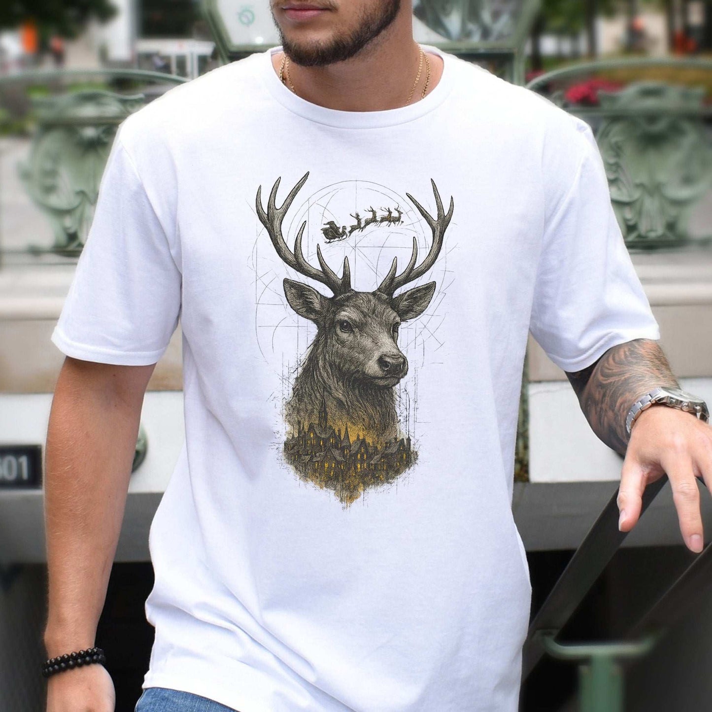 Guardian Reindeer Christmas T-Shirt – Mystical Winter Village Magic