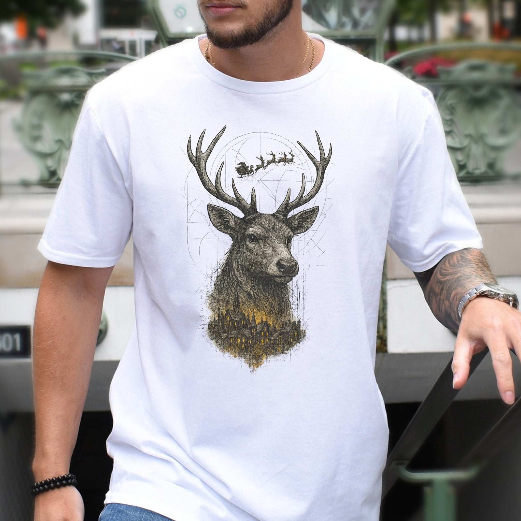 Guardian Reindeer Christmas T-Shirt – Mystical Winter Village Magic