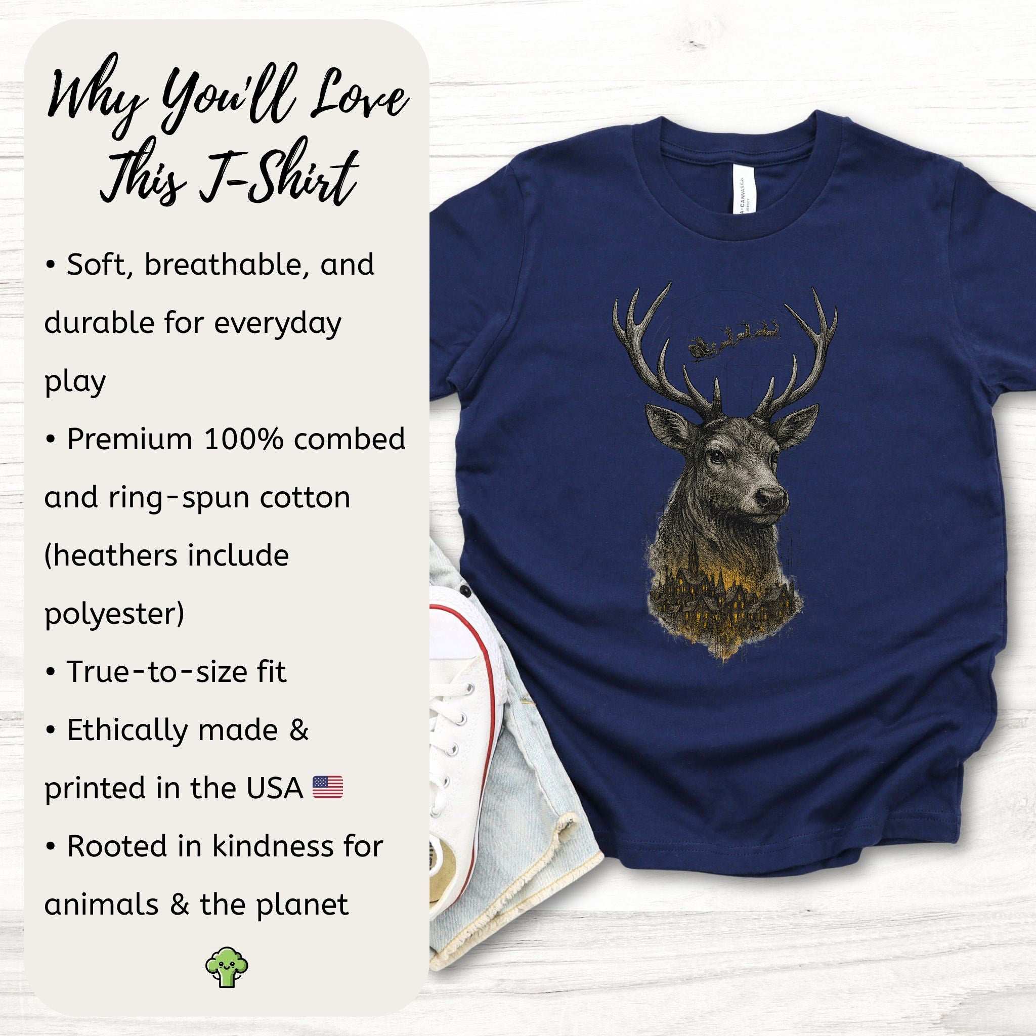 Guardian Reindeer Christmas Youth Tee – Enchanted Winter Forest Magic
