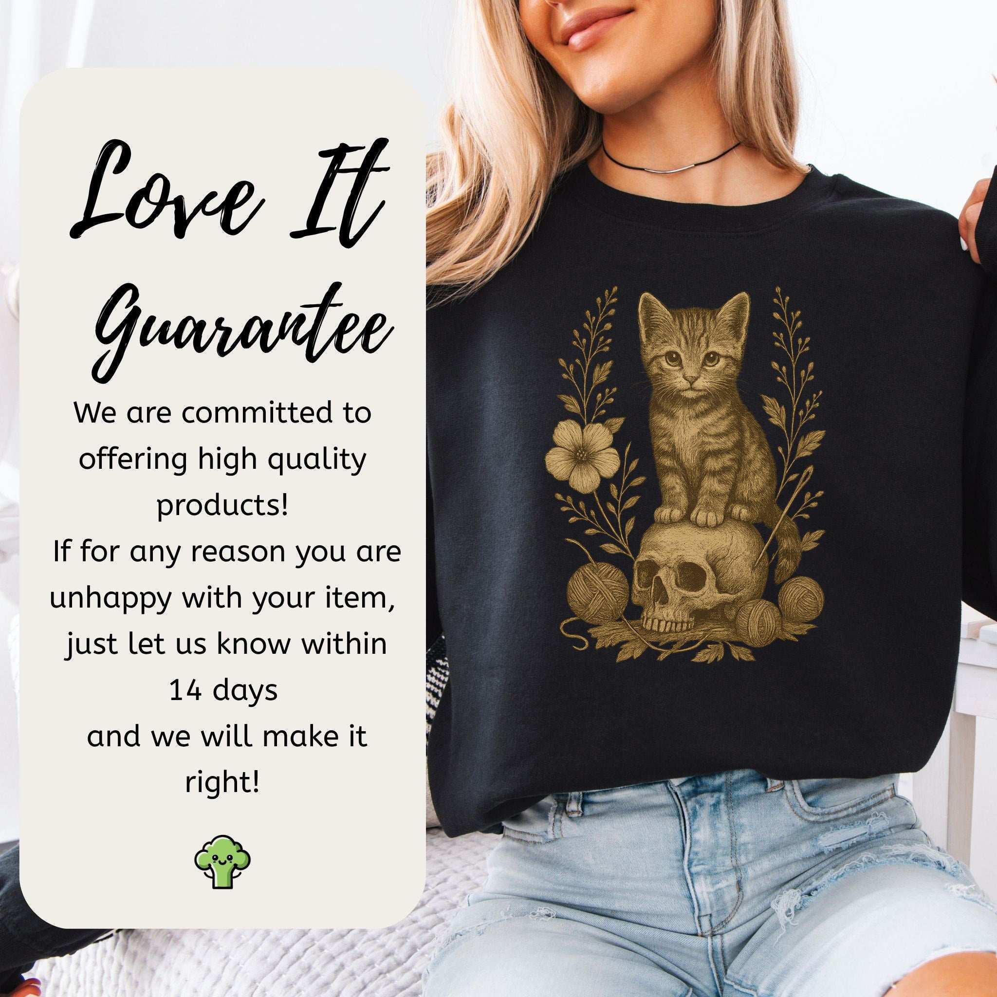 Gothic Kitten & Skull Sweatshirt – Vintage Halloween Cat Floral Design