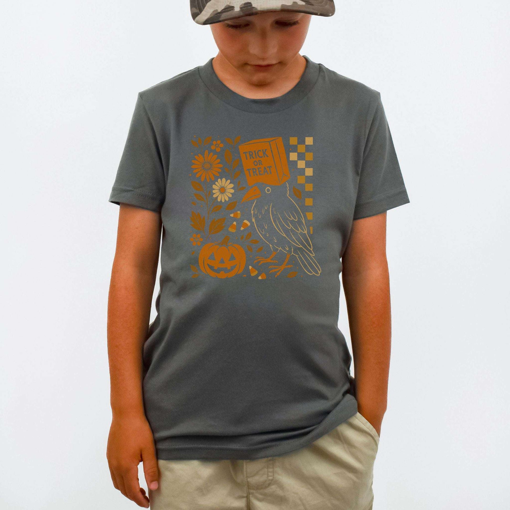 Trick-or-Treat Crow Youth Tee – Funny Halloween Bird & Pumpkin Shirt