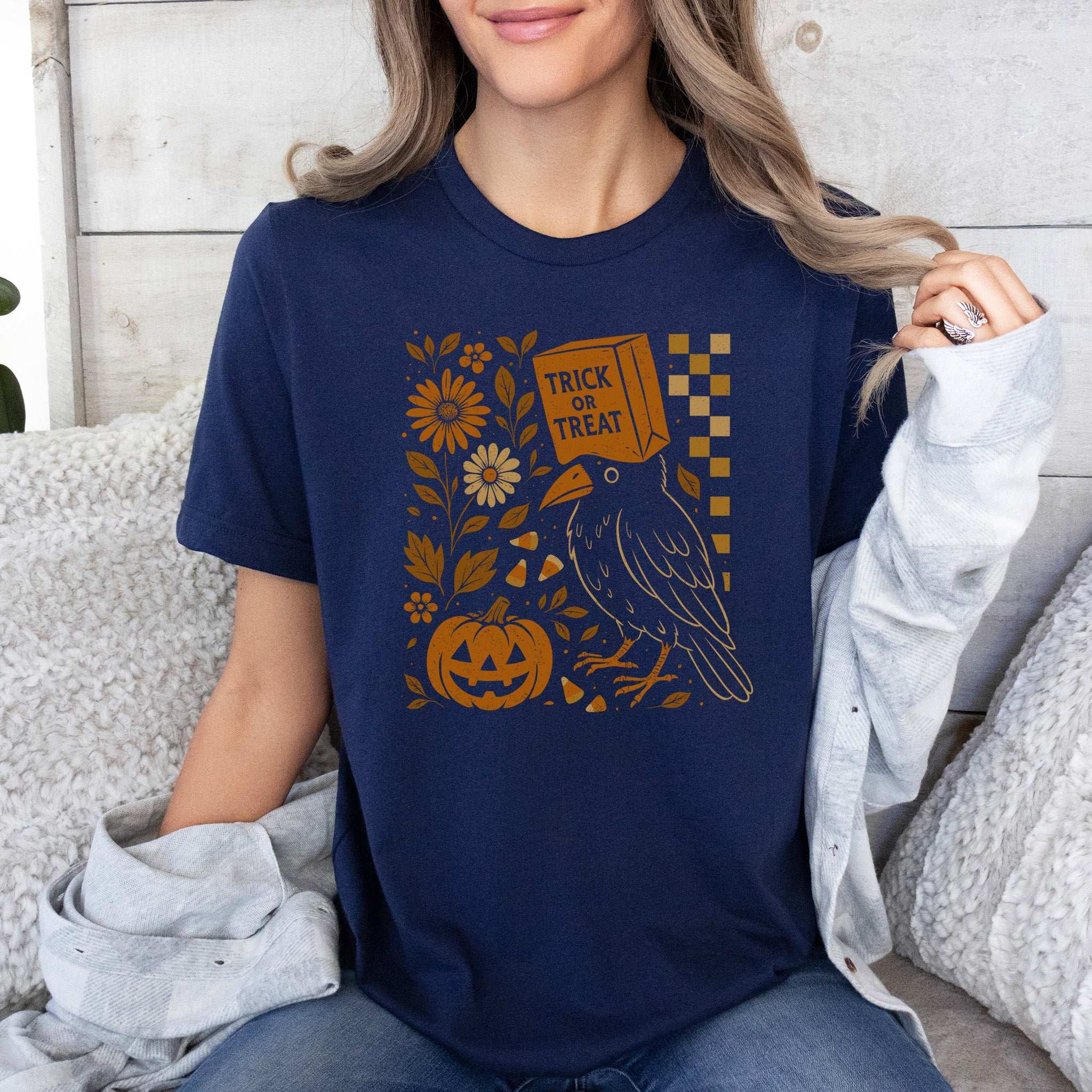 Trick-or-Treat Crow T-Shirt – Funny Halloween Bird & Pumpkin Vibes