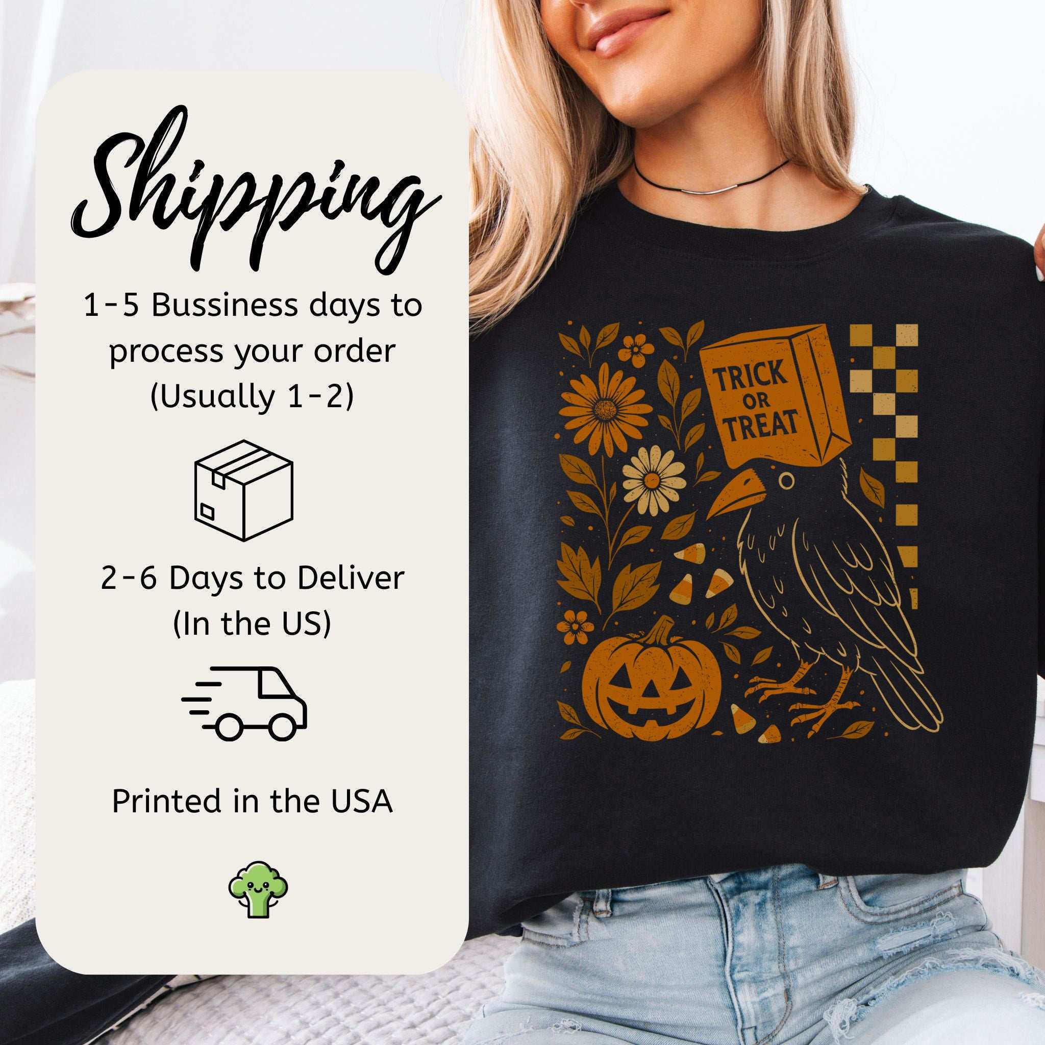 Trick-or-Treat Crow Halloween Sweatshirt – Funny Bird & Pumpkin Vibes