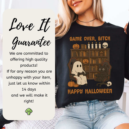 Halloween Gamer Ghost & Cat Sweatshirt – Funny Retro Spooky Gaming Vibes
