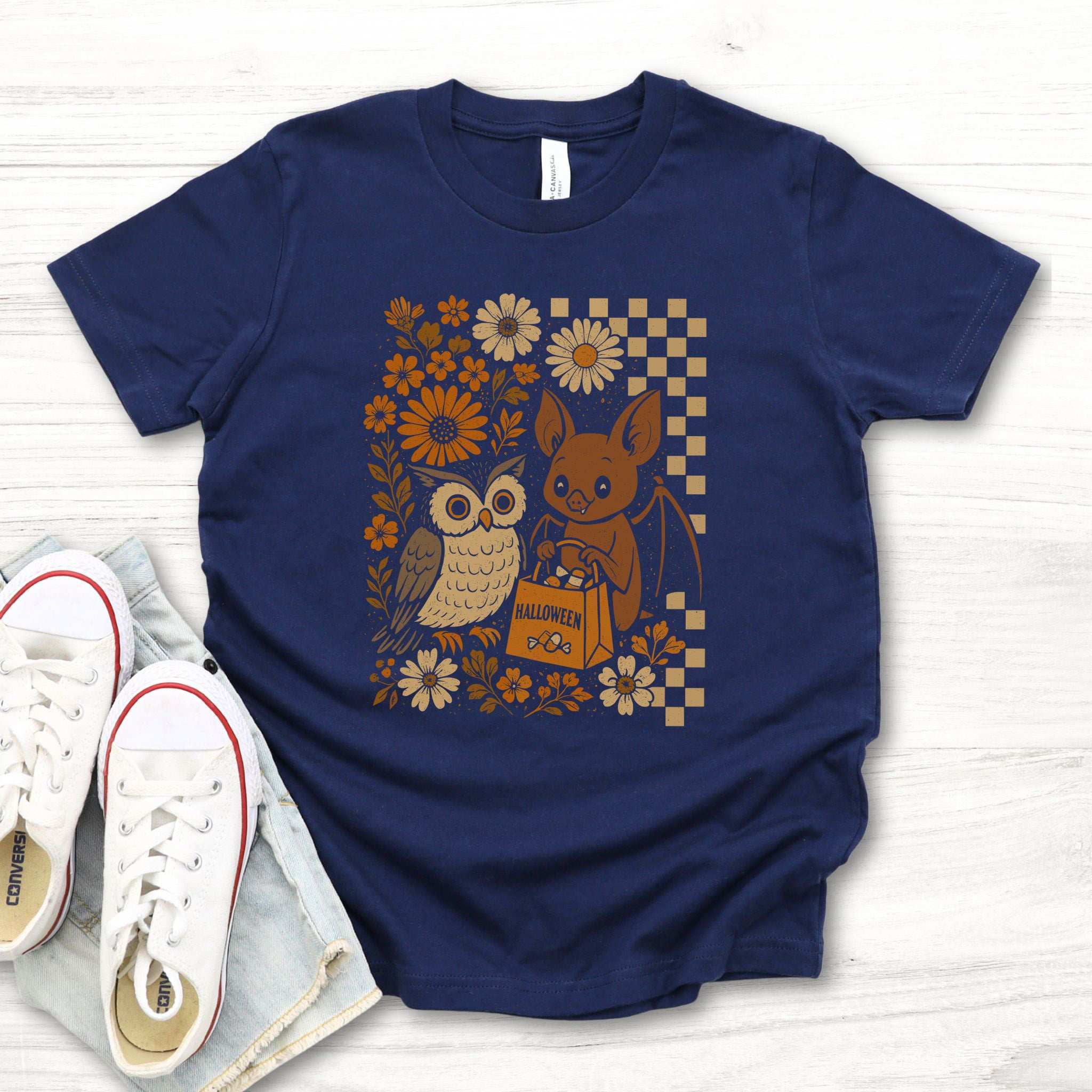 Halloween Owl & Bat Youth Tee – Cute Forest Friends Trick-or-Treat Shirt for Kids