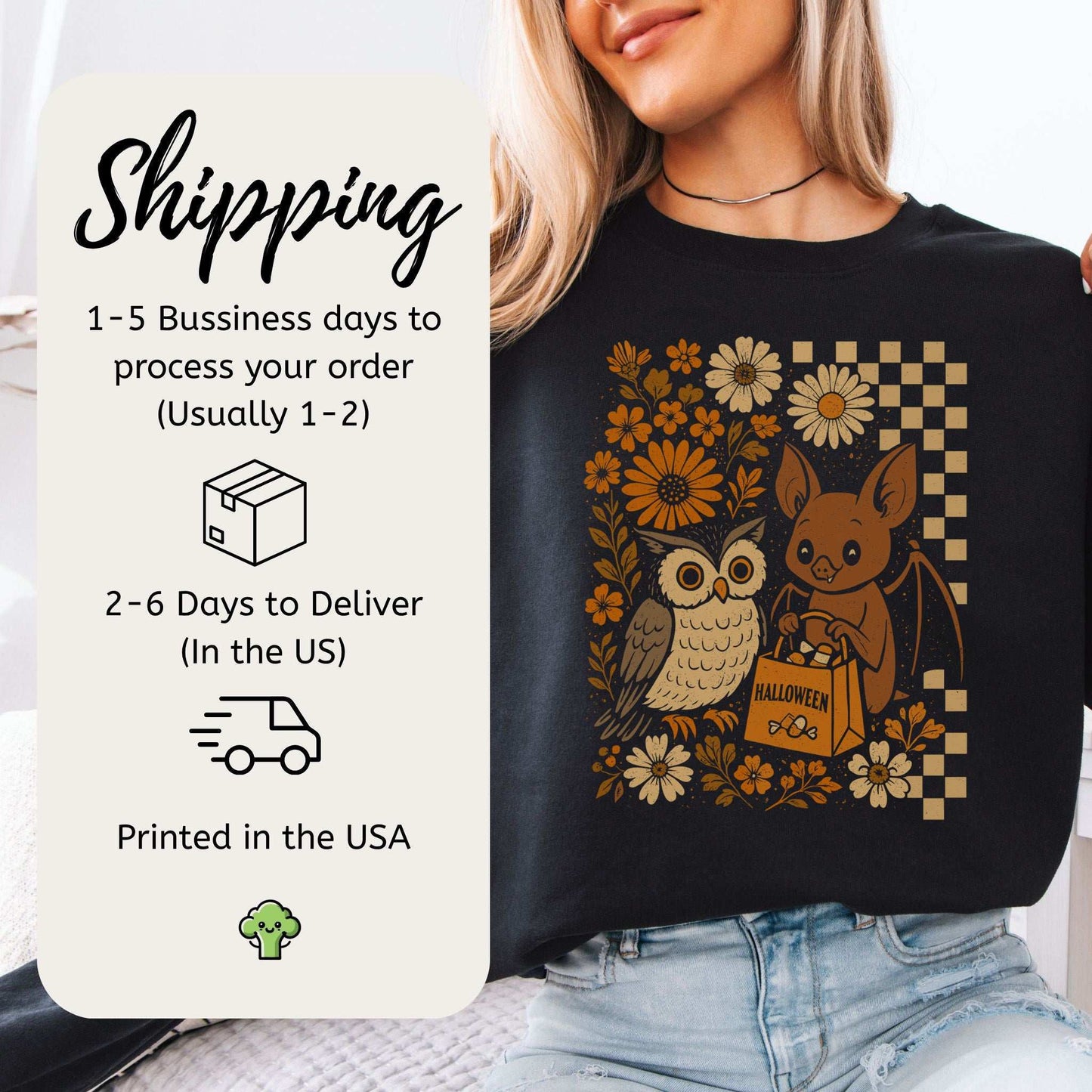 Halloween Owl & Bat Sweatshirt – Cute Forest Friends in Retro Trick-or-Treat