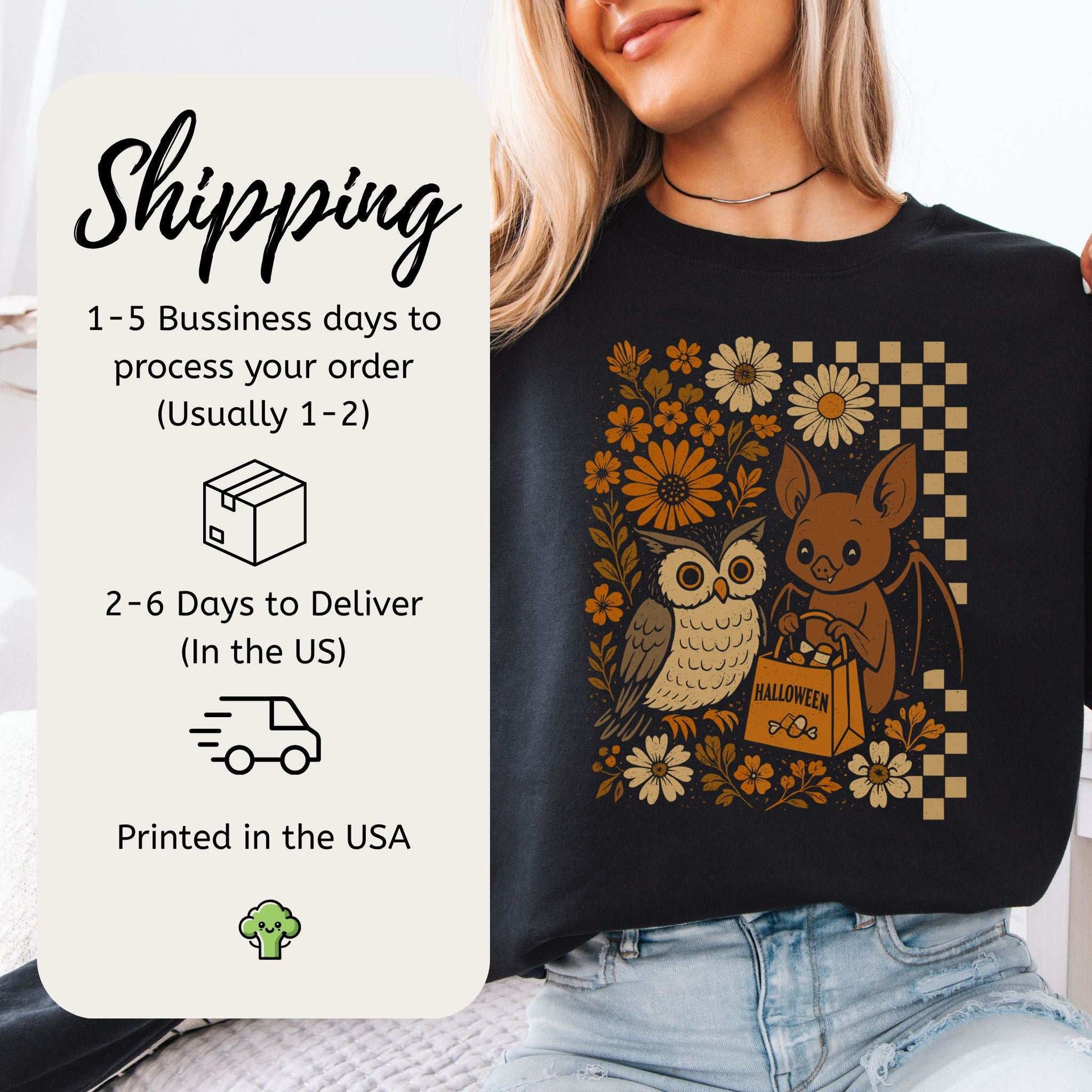 Halloween Owl & Bat Sweatshirt – Cute Forest Friends in Retro Trick-or-Treat