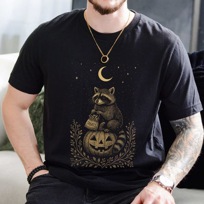 Vintage Raccoon Halloween T-Shirt – Moonlit Pumpkin & Treats Tee