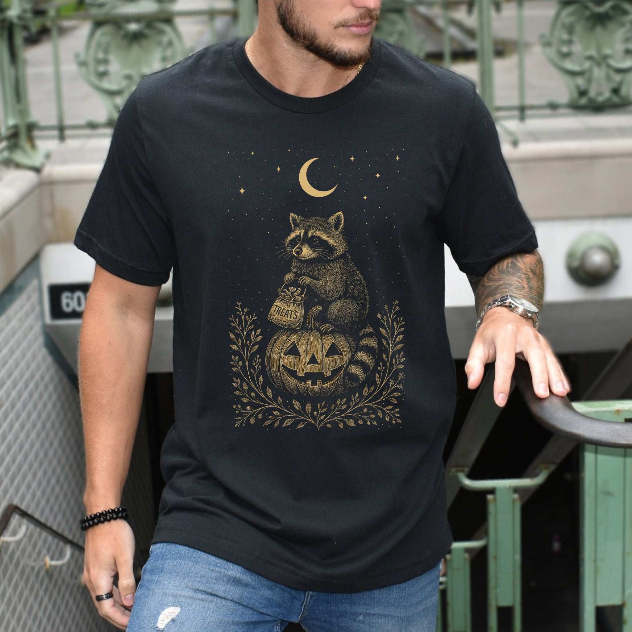Vintage Raccoon Halloween T-Shirt – Moonlit Pumpkin & Treats Tee