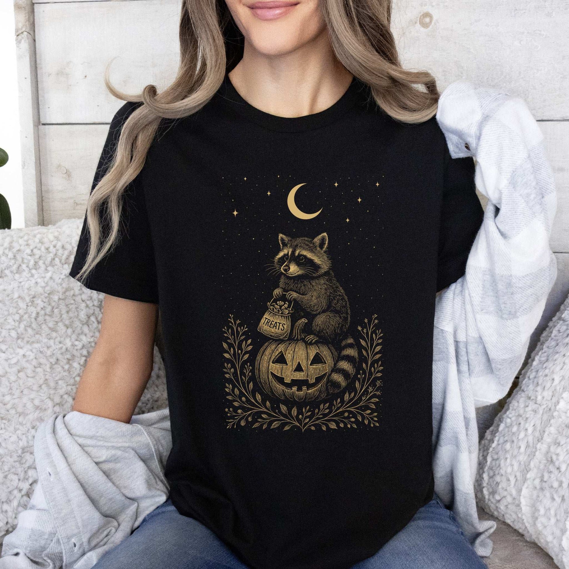 Vintage Raccoon Halloween T-Shirt – Moonlit Pumpkin & Treats Tee
