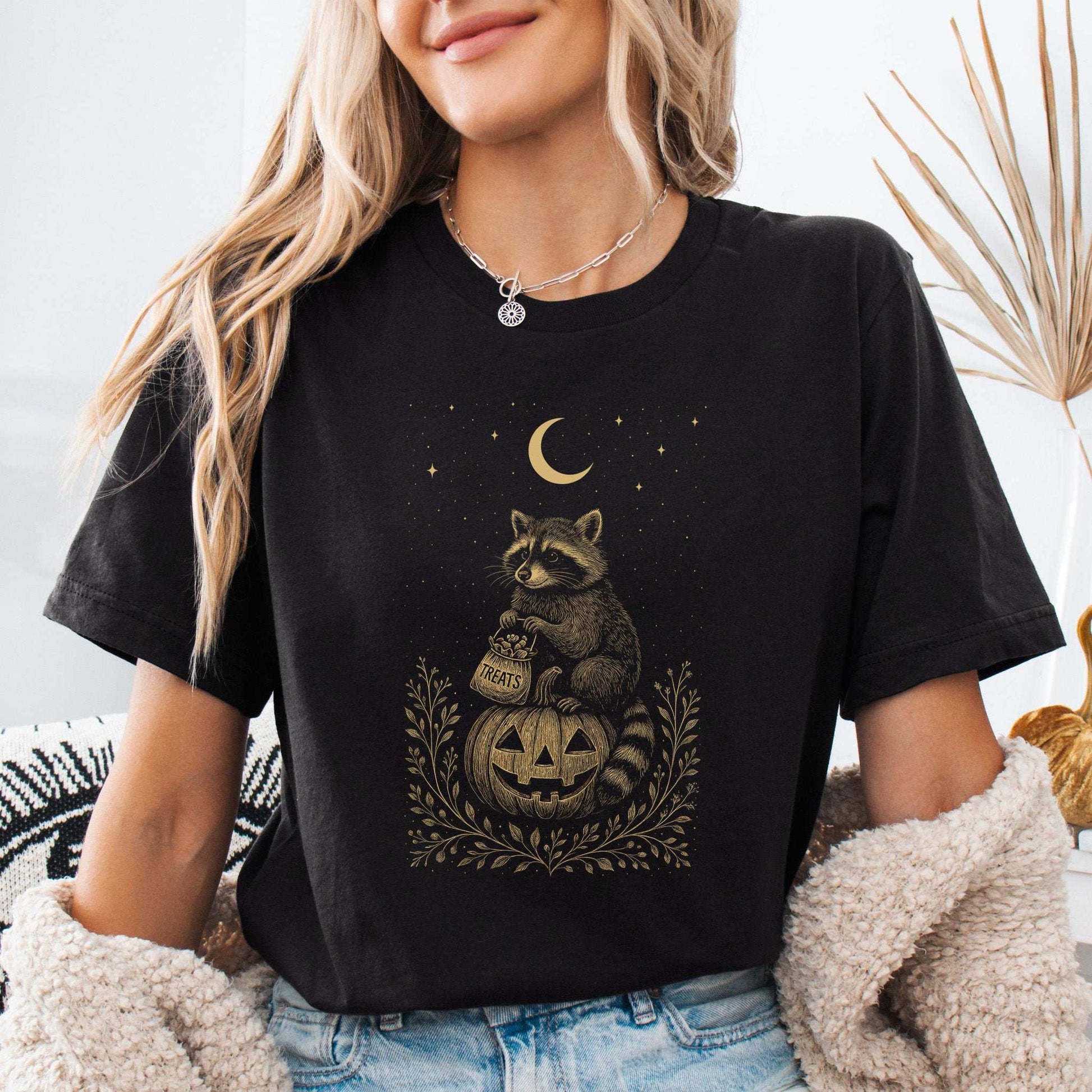Vintage Raccoon Halloween T-Shirt – Moonlit Pumpkin & Treats Tee