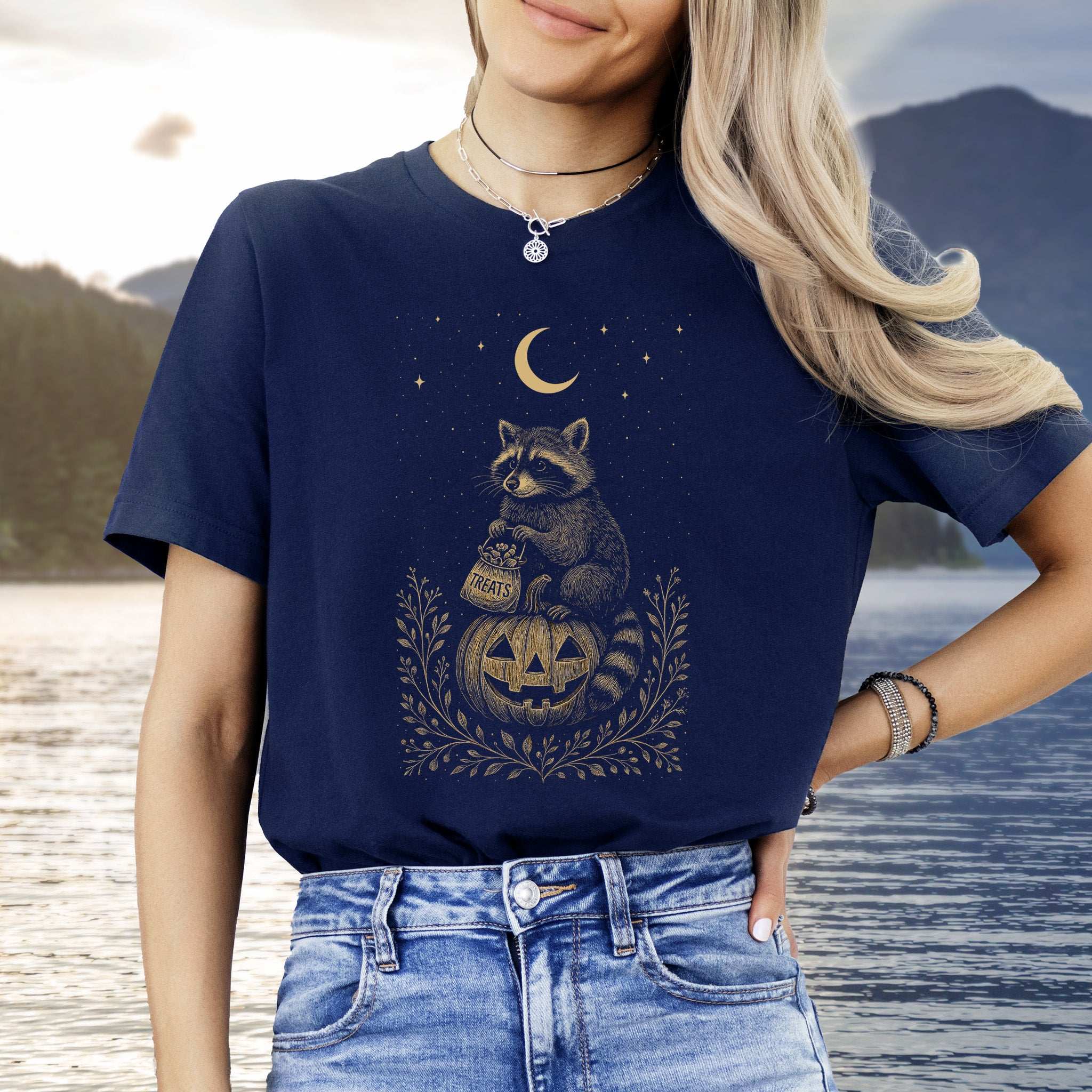 Vintage Raccoon Halloween T-Shirt – Moonlit Pumpkin & Treats Tee