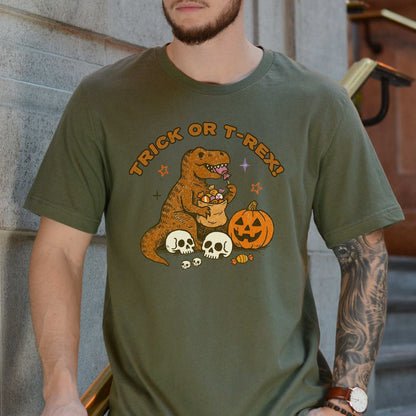 T-Rex Halloween T-Shirt featuring a dino hoarding candy with pumpkins and skulls, perfect for Trick or Treat vibes.