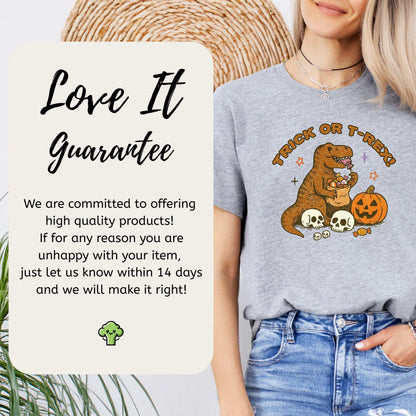 T-Rex Halloween T-Shirt featuring a playful dinosaur with pumpkins, perfect for candy chaos and trick-or-treat vibes.