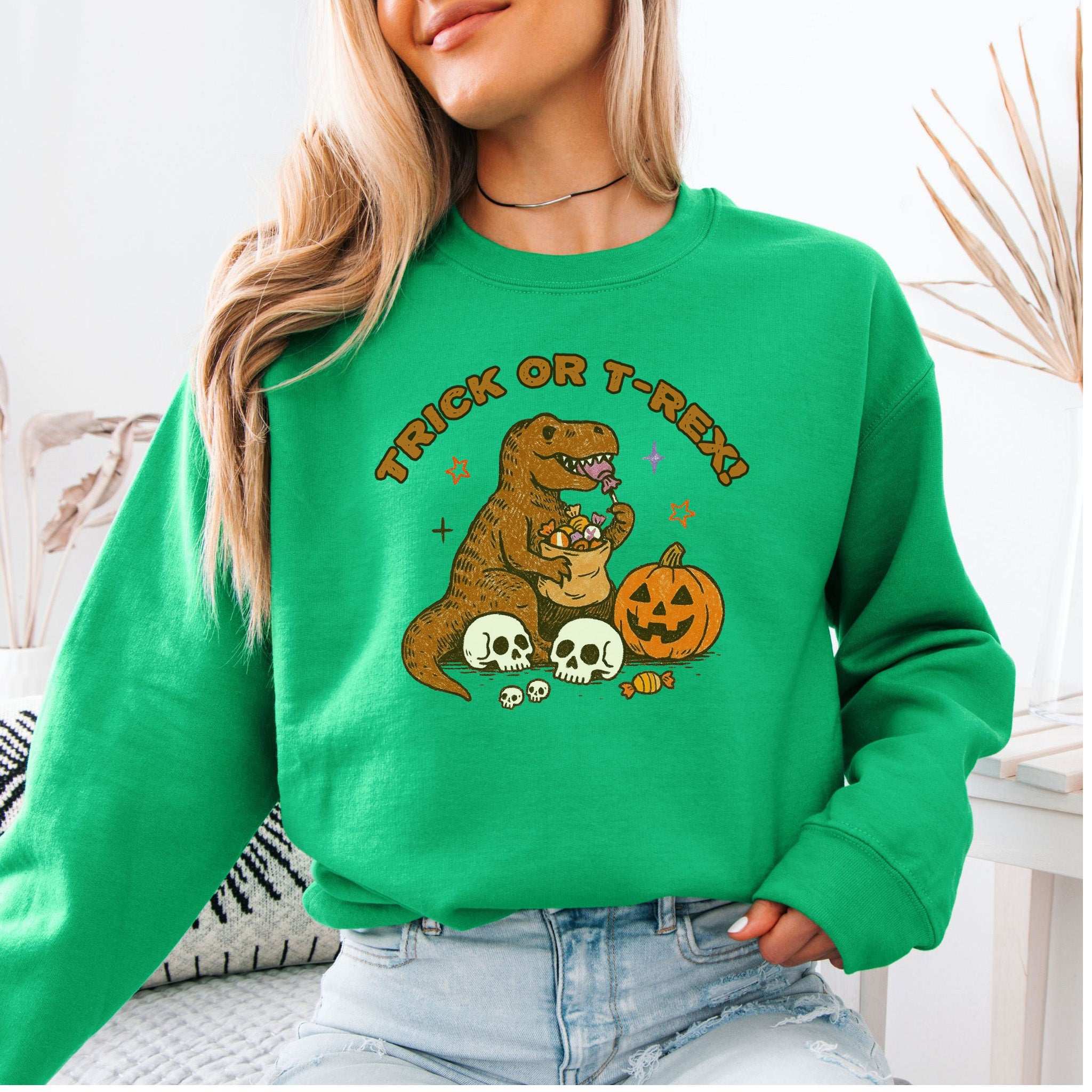 T-Rex Halloween Sweatshirt – Trick or Treat Dino Candy Chaos