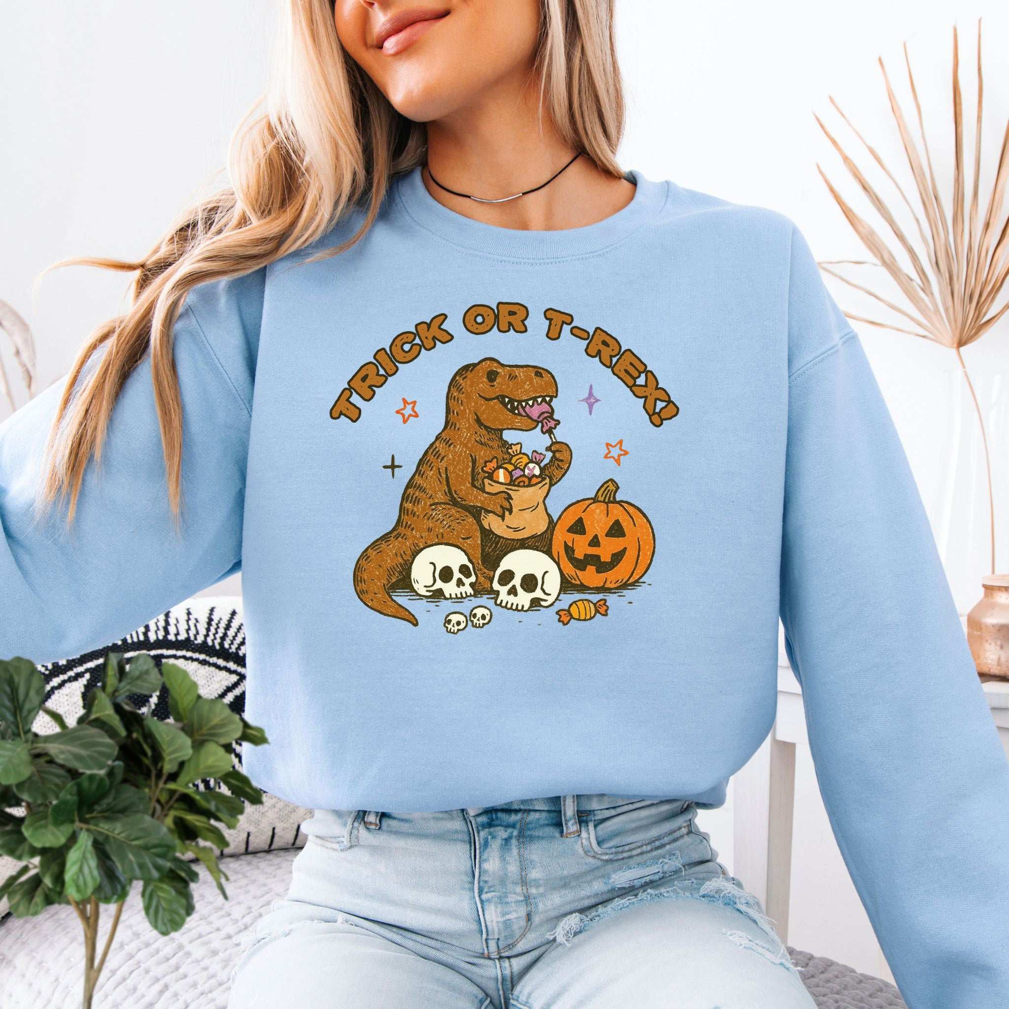 T-Rex Halloween Sweatshirt – Trick or Treat Dino Candy Chaos