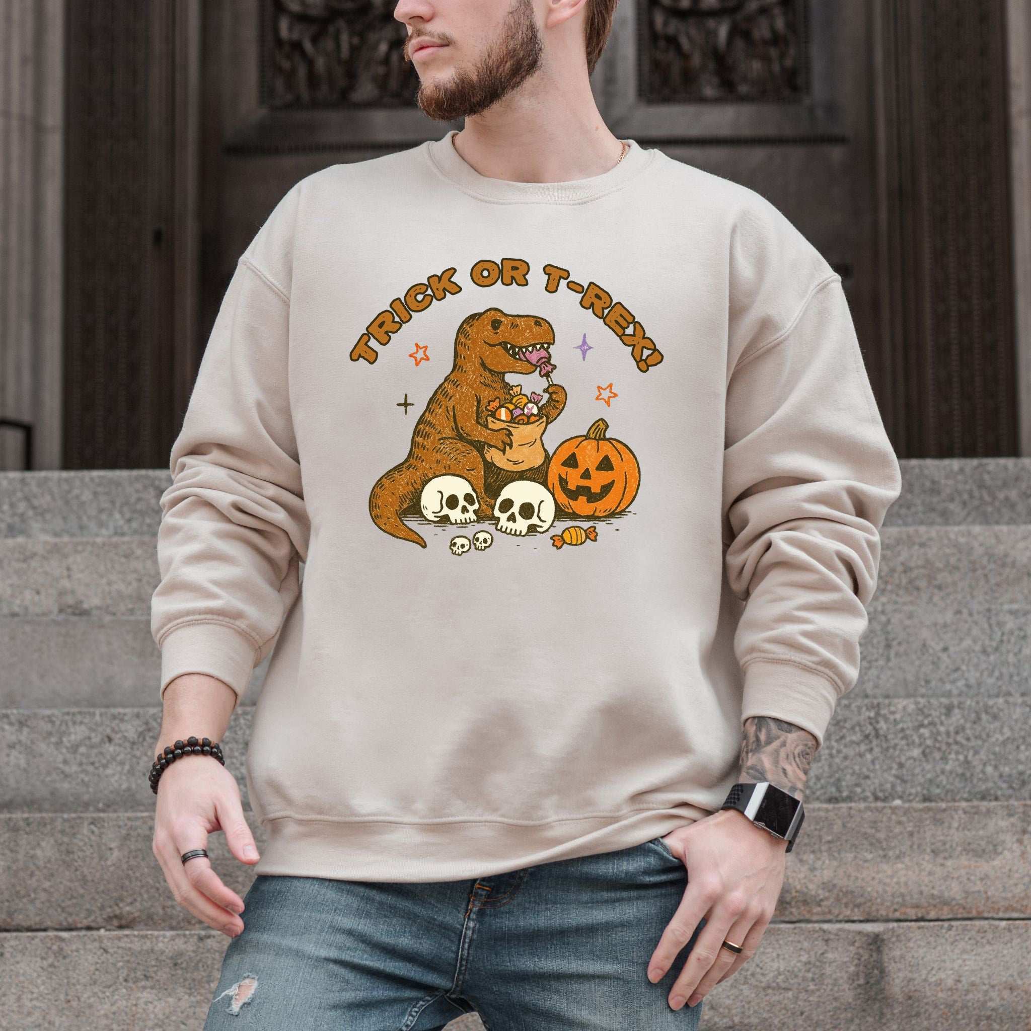 T-Rex Halloween Sweatshirt – Trick or Treat Dino Candy Chaos