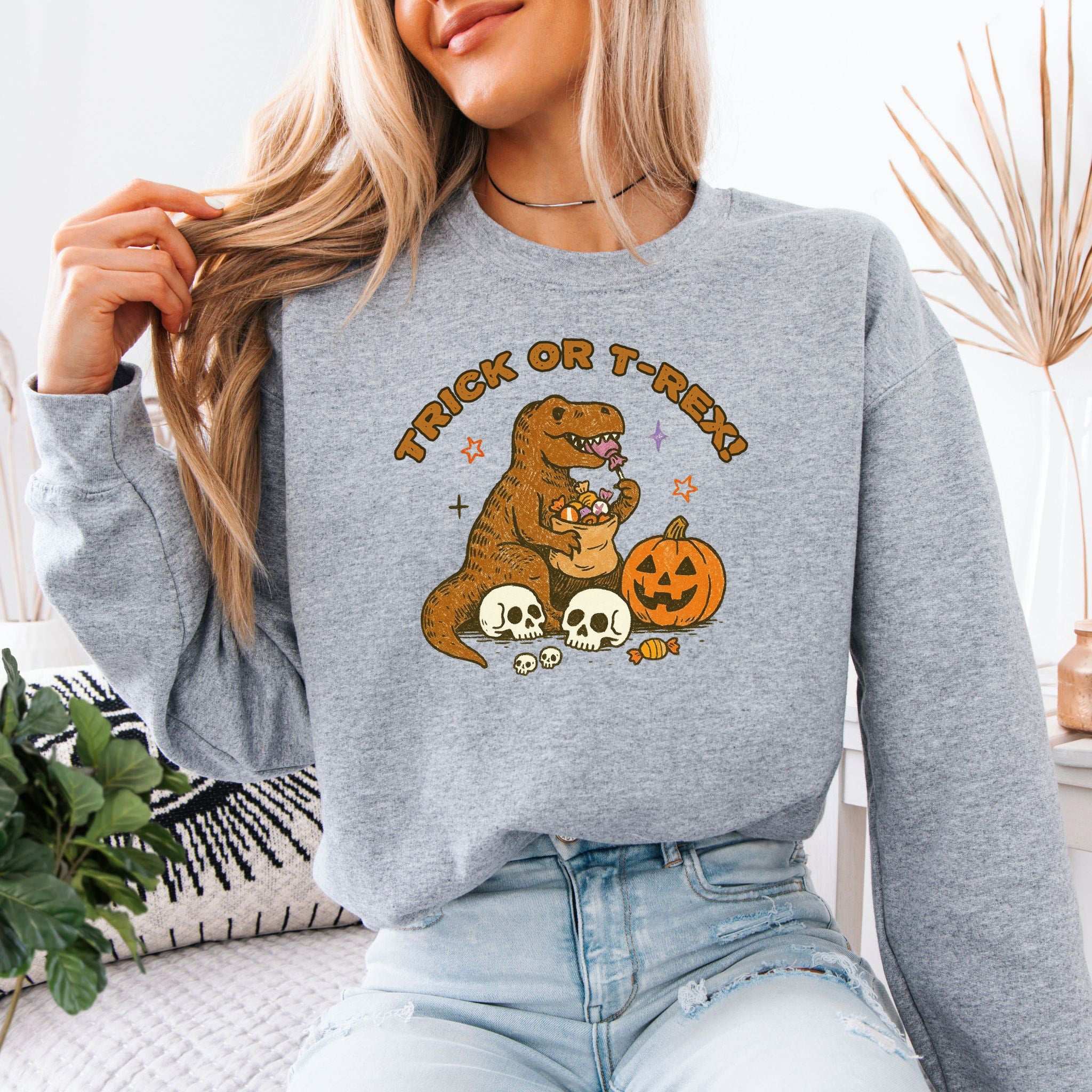 T-Rex Halloween Sweatshirt – Trick or Treat Dino Candy Chaos