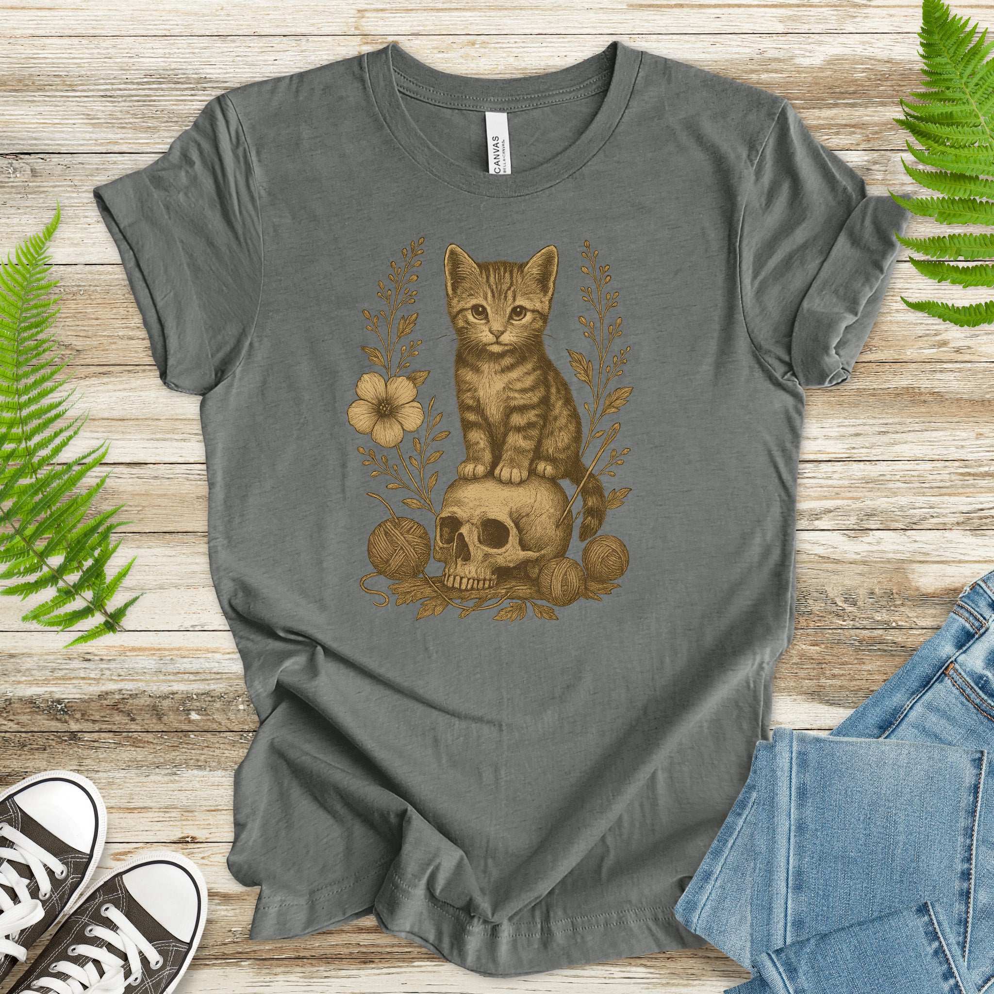 Gothic Kitten & Skull T-Shirt – Vintage Halloween Cat Floral Design