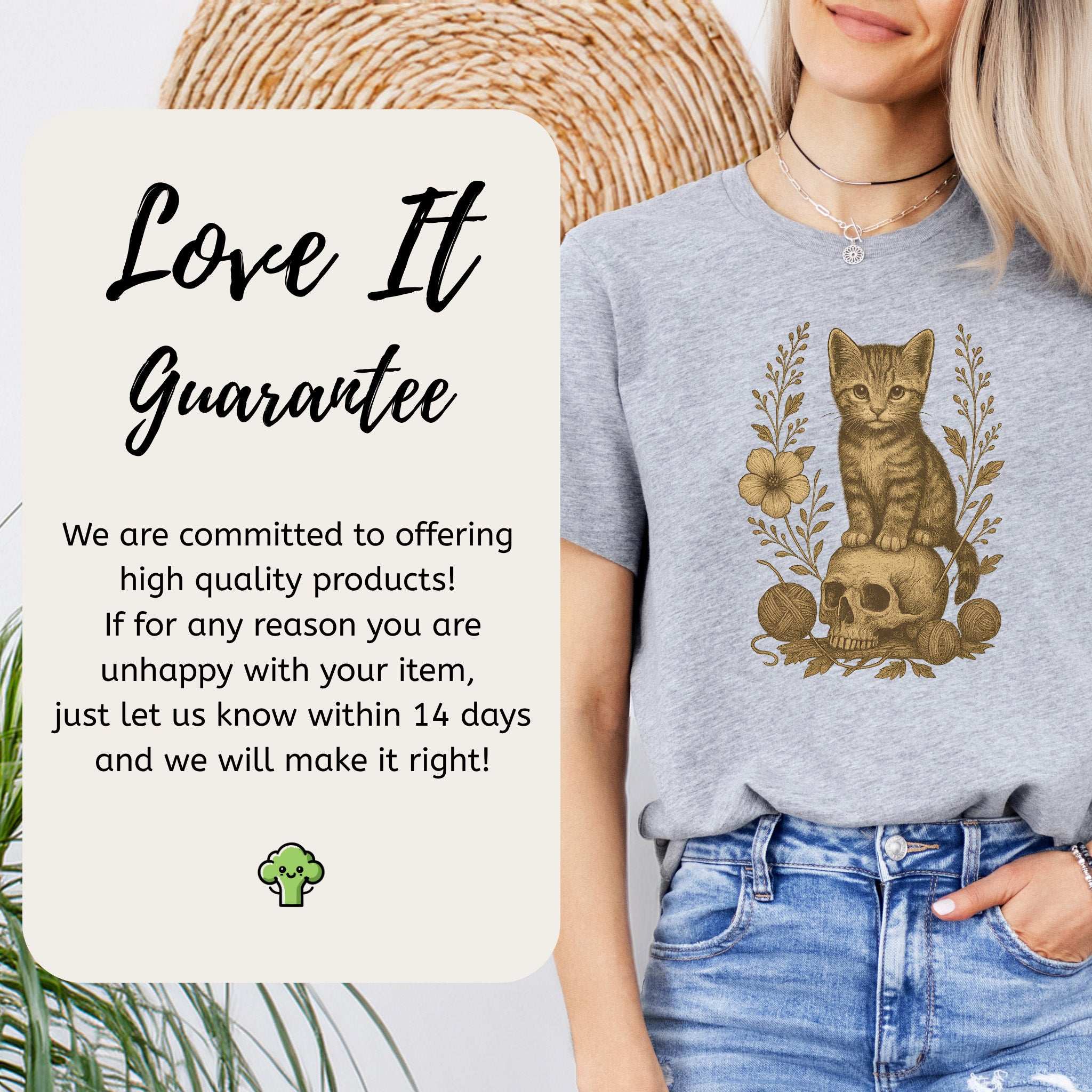 Gothic Kitten & Skull T-Shirt – Vintage Halloween Cat Floral Design