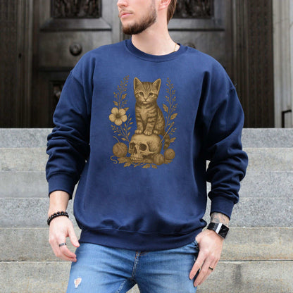 Gothic Kitten & Skull Sweatshirt – Vintage Halloween Cat Floral Design
