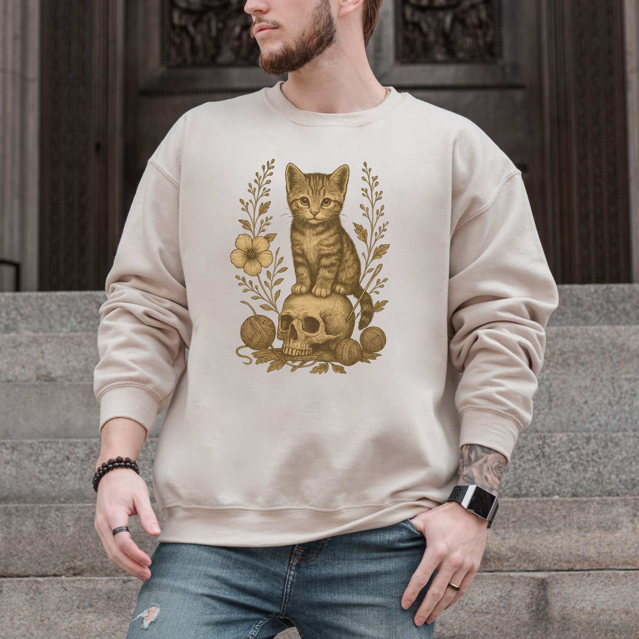 Gothic Kitten & Skull Sweatshirt – Vintage Halloween Cat Floral Design