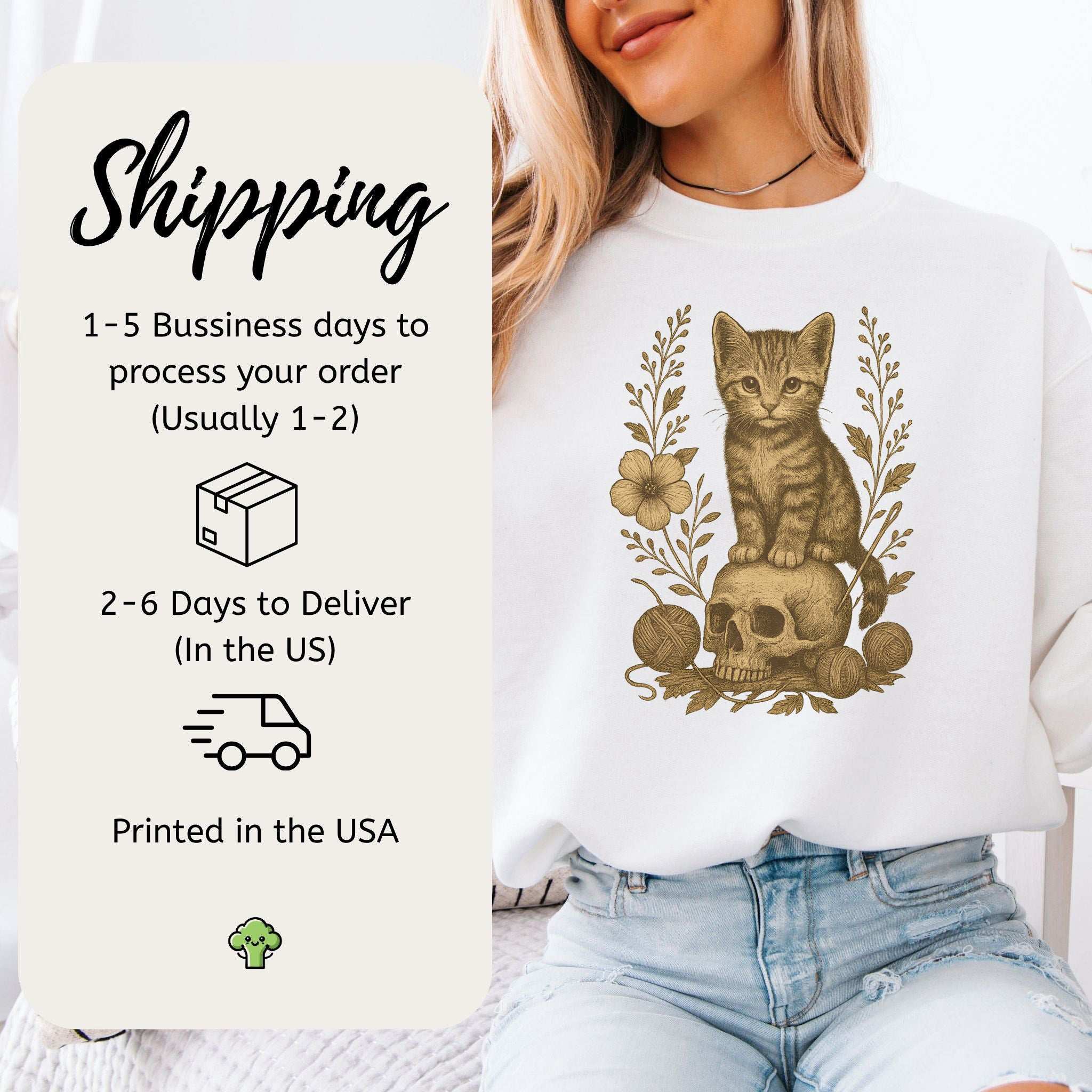 Gothic Kitten & Skull Sweatshirt – Vintage Halloween Cat Floral Design