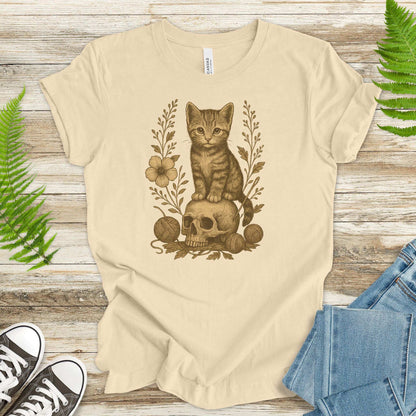 Gothic Kitten & Skull T-Shirt – Vintage Halloween Cat Floral Design
