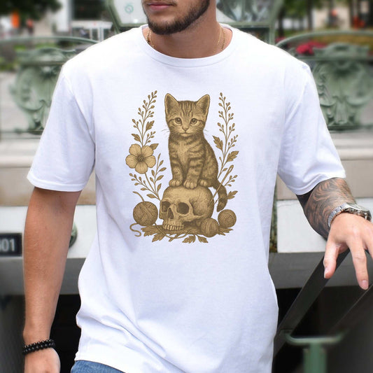 Gothic Kitten & Skull T-Shirt – Vintage Halloween Cat Floral Design