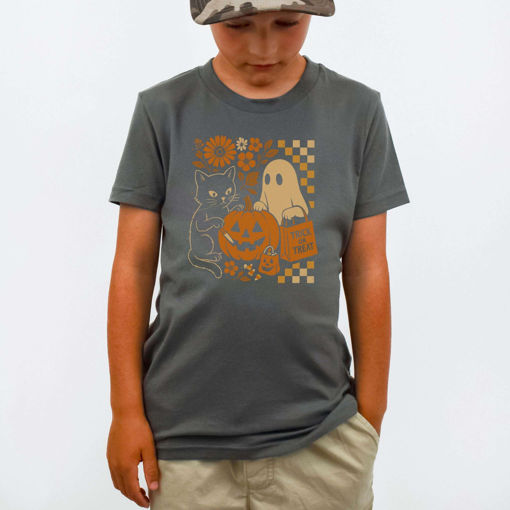 Halloween Cat & Ghost Youth Tee – Cute Trick-or-Treat Mischief Vibes